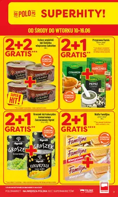 Pogląd oferty "POLOmarket gazetka" - ważna od 10.06.2026 | Strona: 3 | Produkty: Groszek, Wafle, Kukurydza, Gulasz
