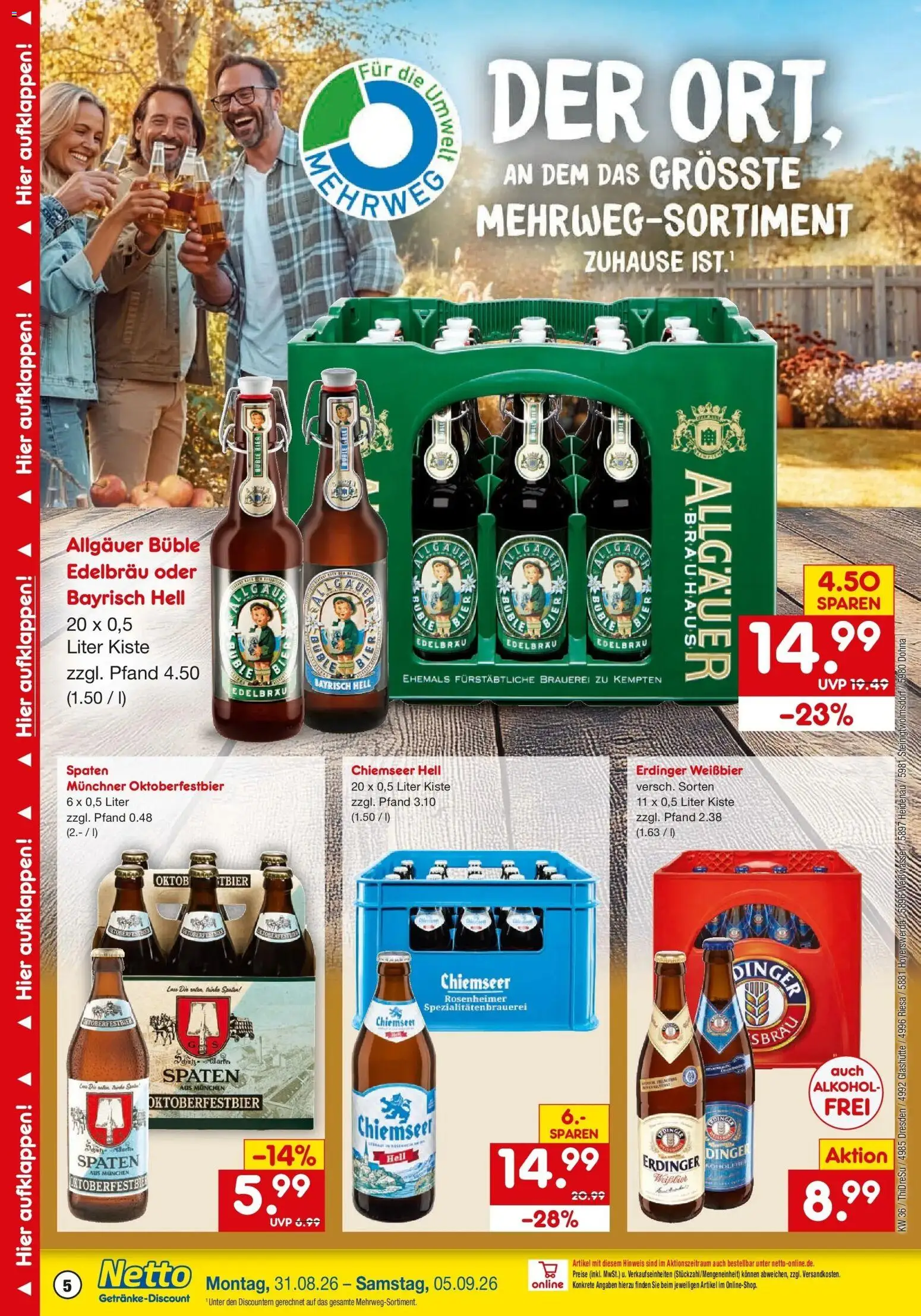 Netto Marken-Discount Prospekt Weißwasser – gültig ab 31.08.2026 | Seite: 5 | Produkte: Erdinger, Bier, Weißbier, Alkohol