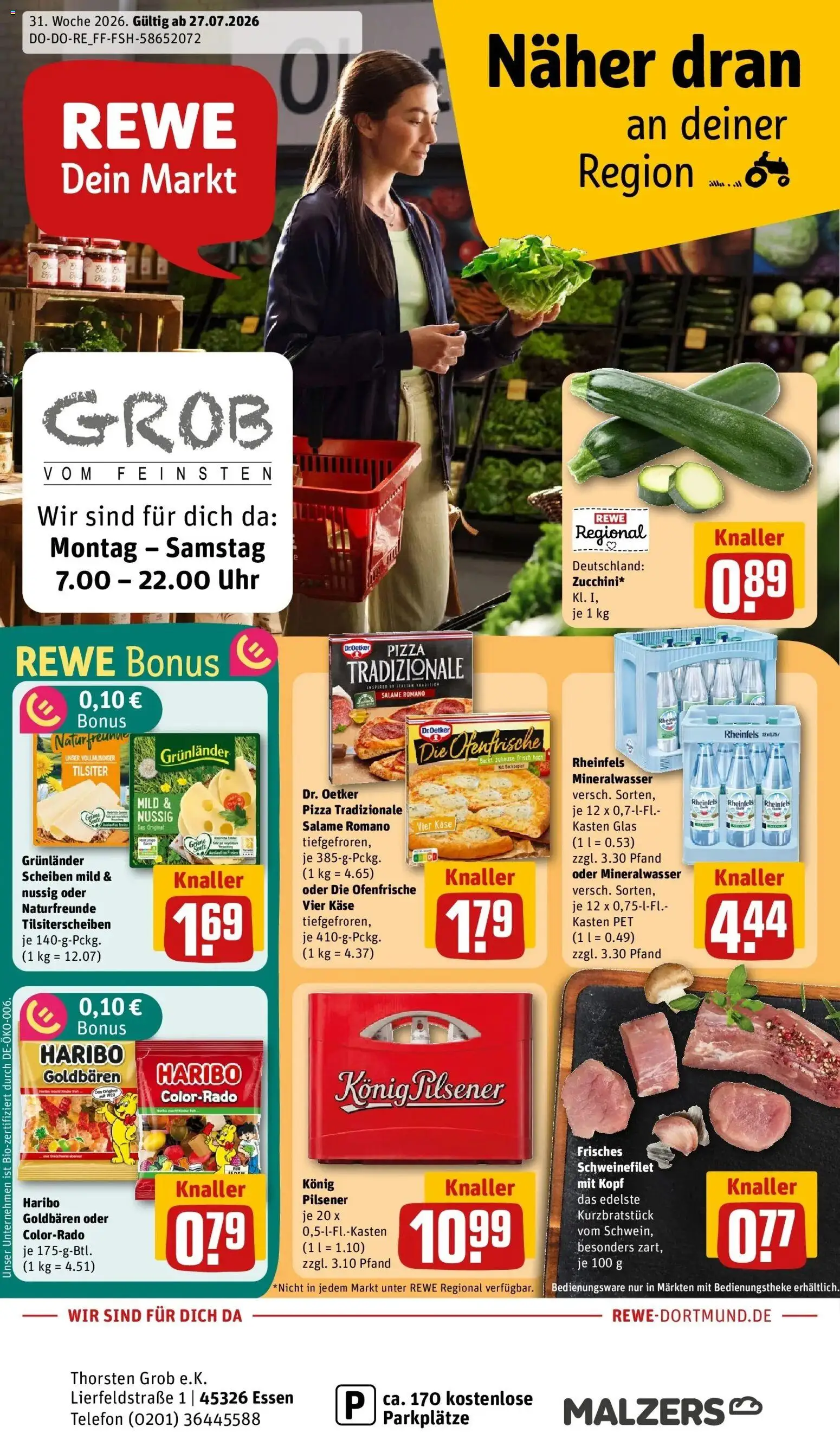 Rewe Prospekt Essen – gültig ab 27.07.2026 | Seite: 1 | Produkte: Haribo, Ofenfrische, Mineralwasser, Pizza