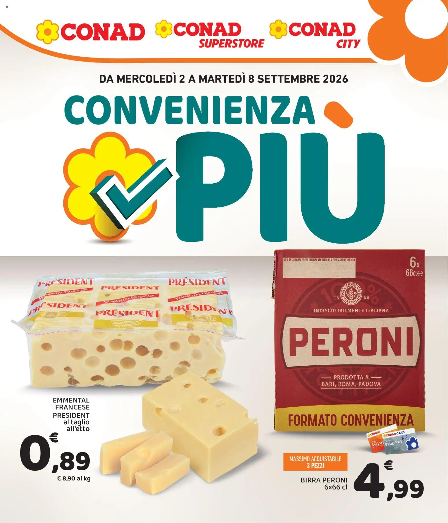 Volantino Conad del 02/09/2026 | Pagina: 1 | Prodotti: Birra, Taglio, Emmental, Birra Peroni