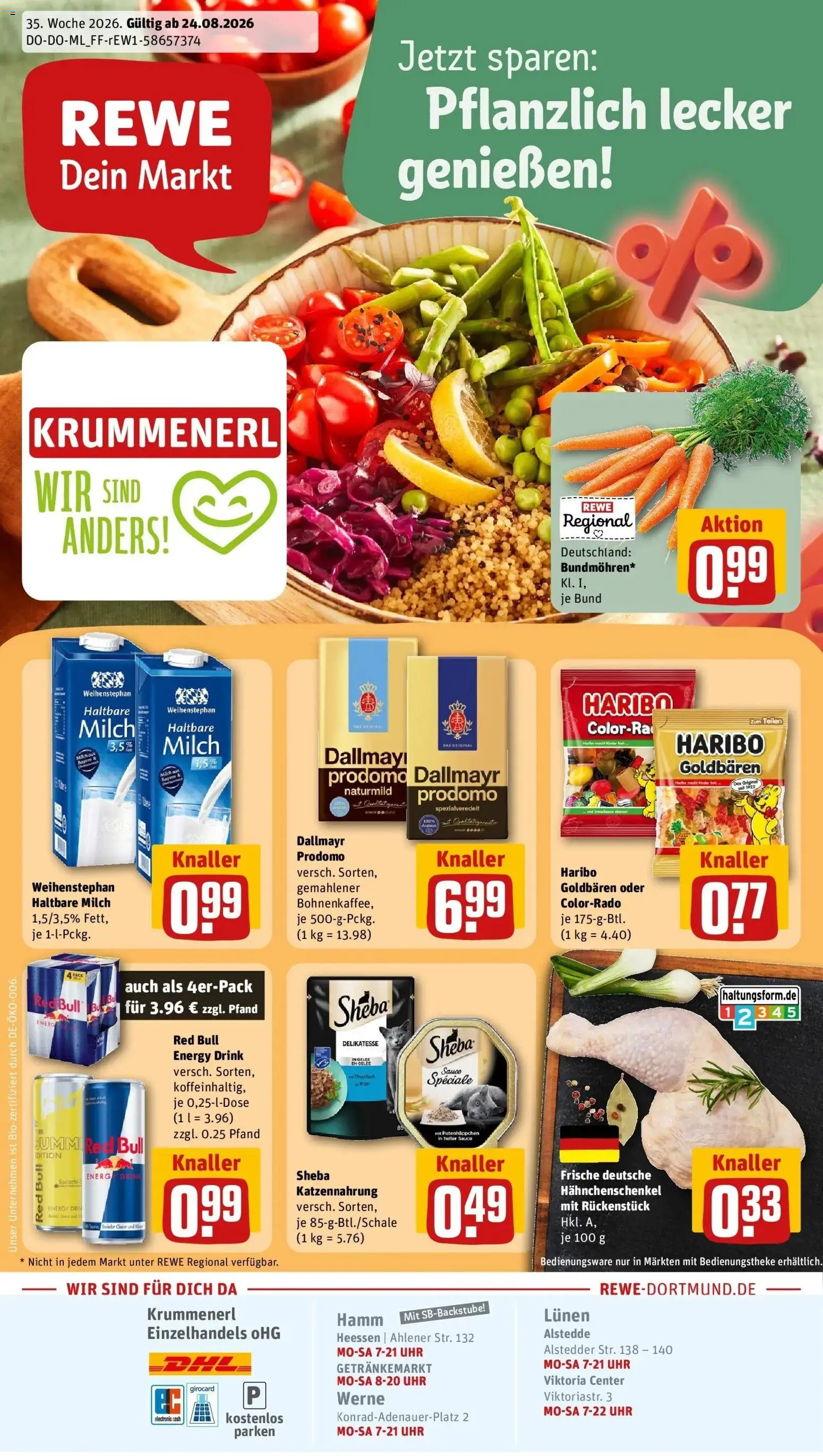 REWE Prospekt ab 24.08.2026 zum Blättern » Angebote | Seite: 1 | Produkte: Red bull, Haribo, Haltbare milch, Dallmayr