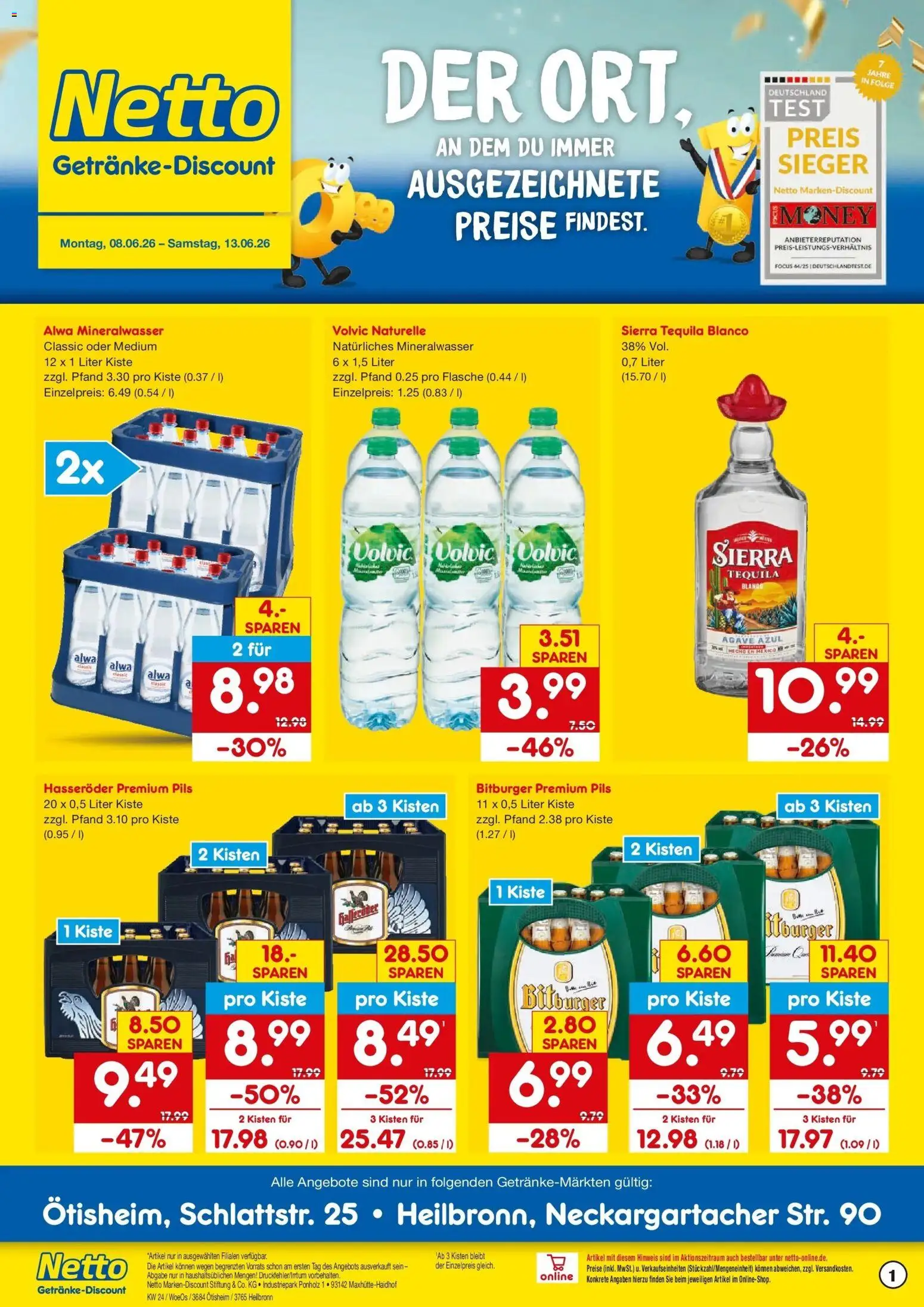 Netto Marken-Discount Prospekt Heilbronn – gültig ab 08.06.2026 | Seite: 1 | Produkte: Pils, Mineralwasser, Hasseröder, Volvic