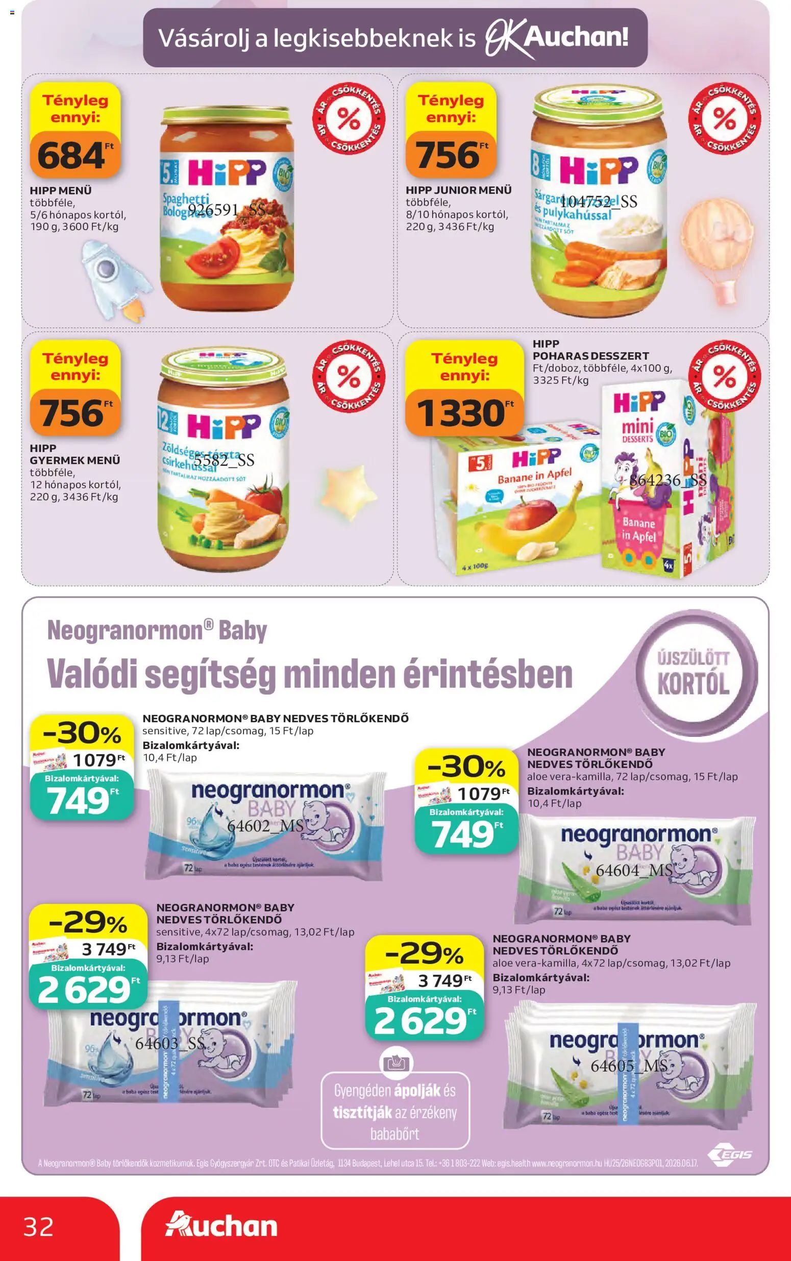Auchan akciós ujság - amely érvényes a következő dátumtól: 2026.09.10. | Oldal: 32 | Termékek: Törlőkendő, HiPP, Desszert, Baba