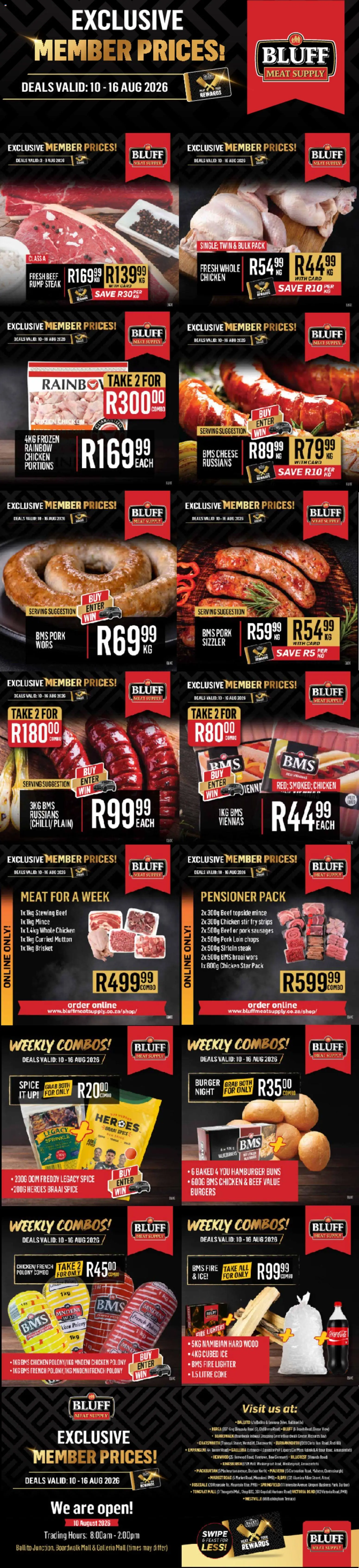 New Bluff Meat Supply catalogue – valid from 10/08/2026 | Page: 1 | Products: Buns, Coke, Polony, Burgers