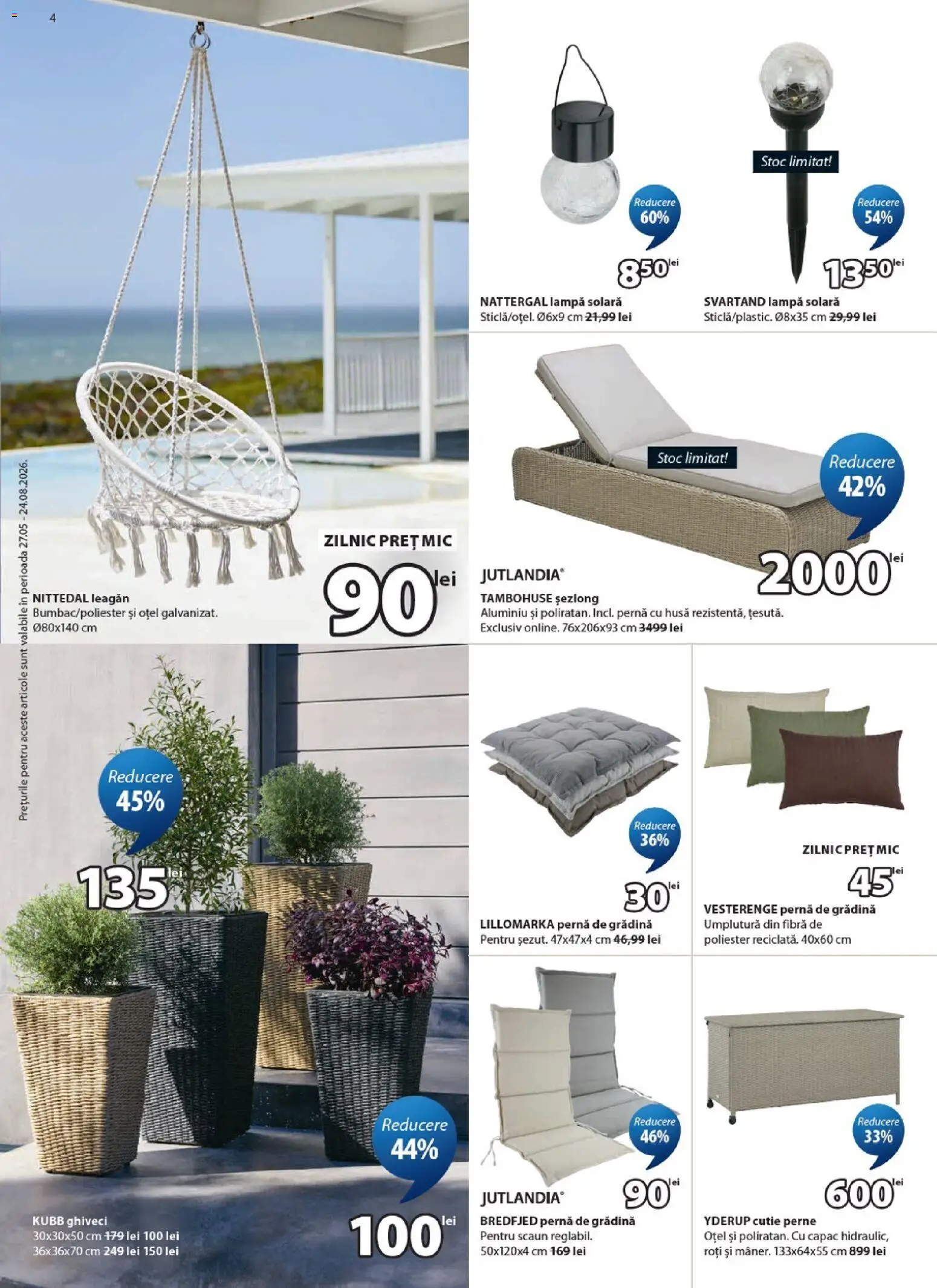 Noul catalog JYSK – valabil de la 27.05.2026 | Pagină: 4 | Produse: Pernă, Șezlong, Scaun, Cutie