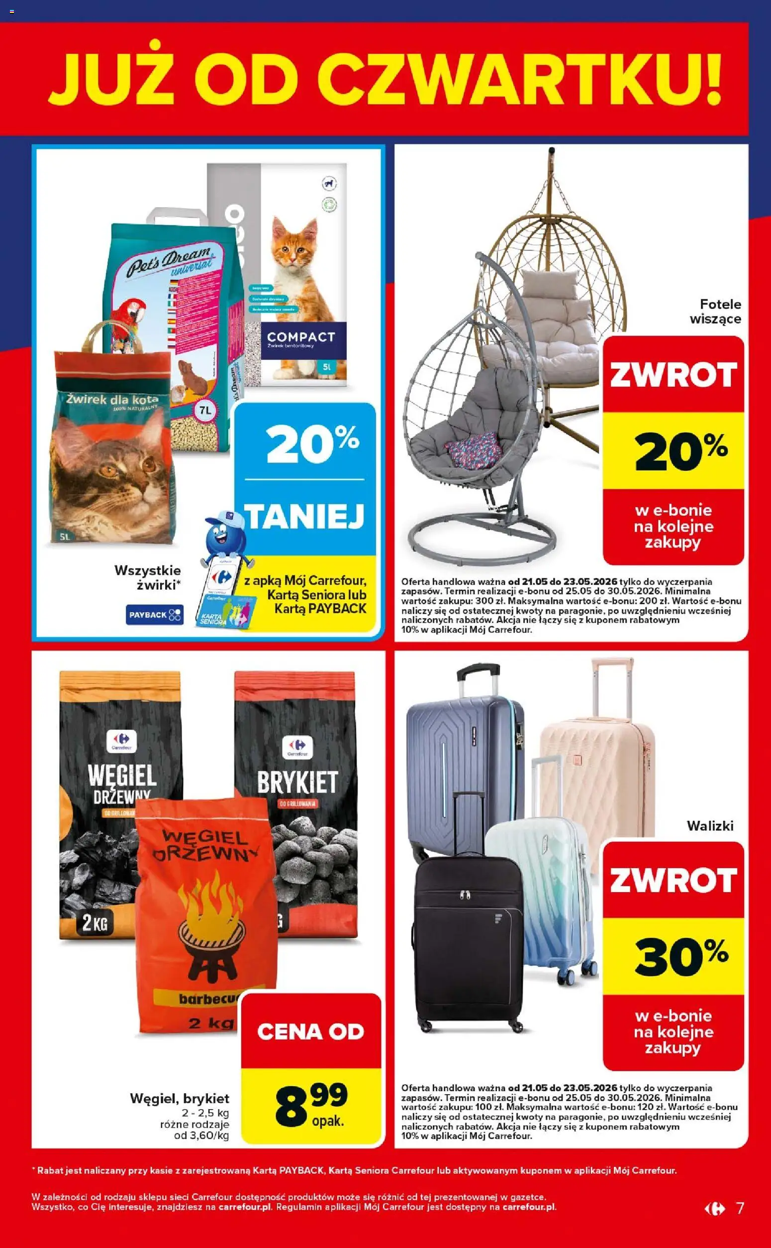 Carrefour gazetka - Weekend okazji od 21.05.2026 | Strona: 7 | Produkty: Karta, Żwirek dla kota, Walizki, Żwirek bentonitowy