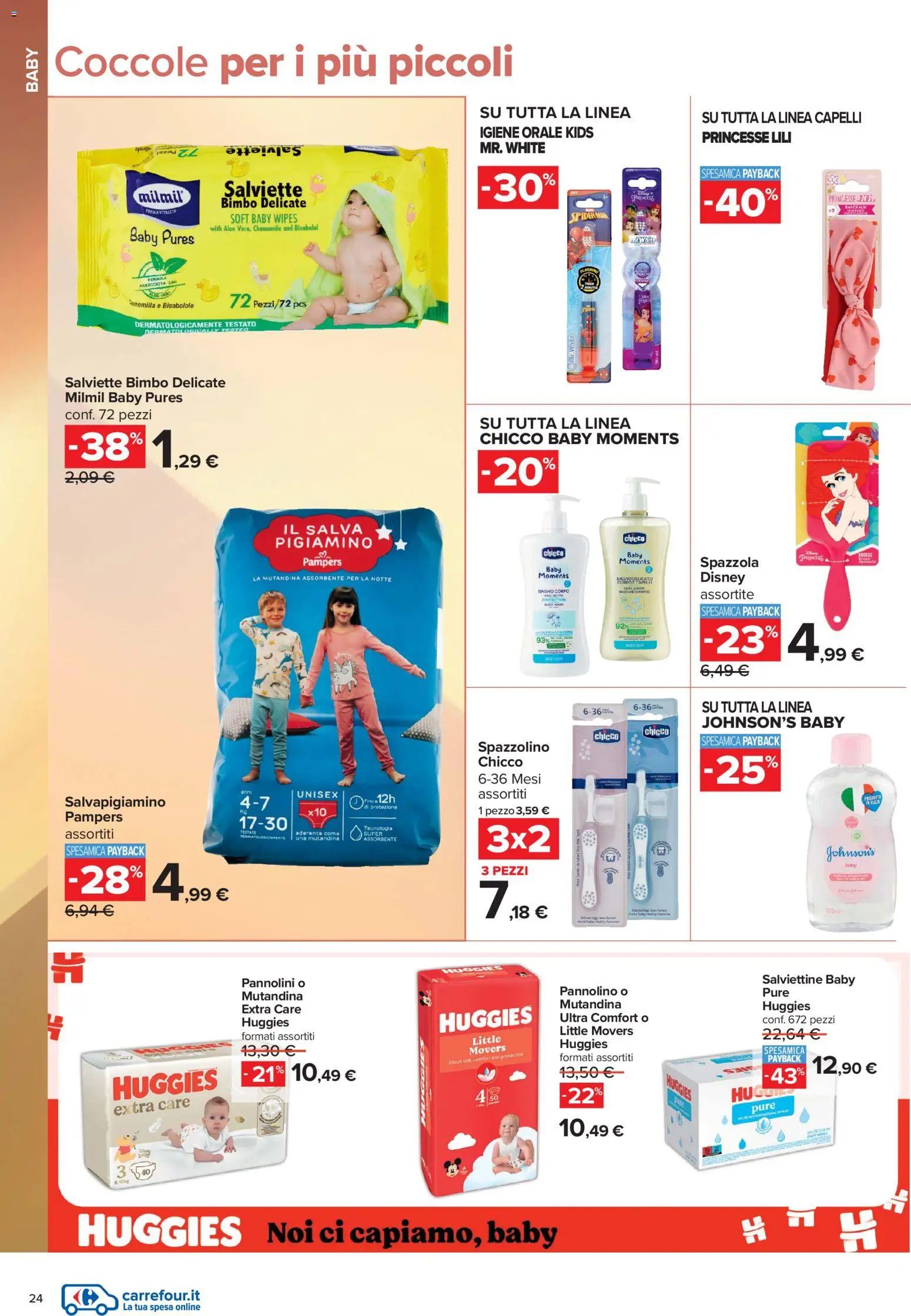 Volantino Carrefour del 10/07/2026 | Pagina: 24 | Prodotti: Pannolini, Spazzolino, Pampers, Bagno