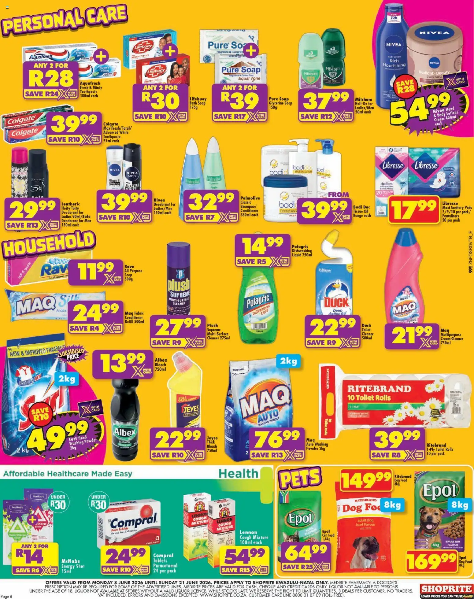 New Shoprite catalogue – valid from 08.06.2026 | Page: 8 | Products: Multivitamins, Washing powder, Cat food, Dishwashing liquid