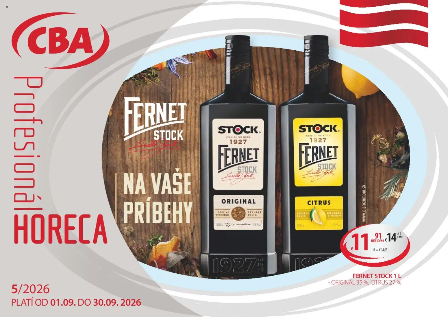 Nové CBA Komfos akcie – leták je platný od 01.09.2026 | Strana: 1 | Produkty: Fernet, Fernet Stock