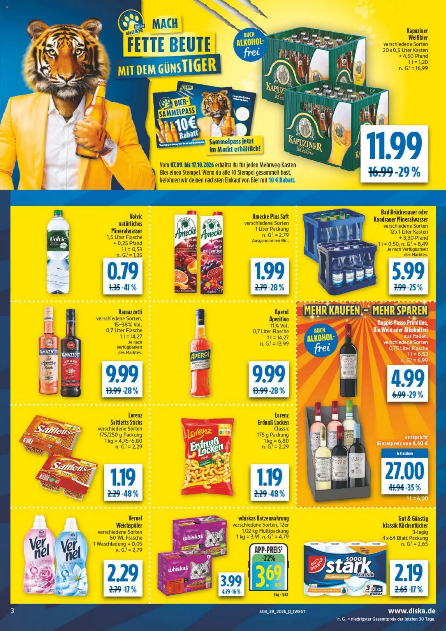 Diska - Diska Angebote Bayern KW38 – gültig ab 09.09.2026 | Seite: 3 | Produkte: Bier, Mineralwasser, Volvic, Whiskas