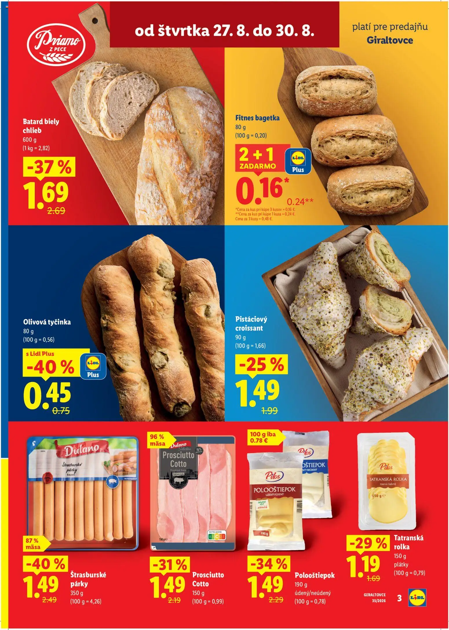 Nové Lidl akcie – leták je platný od 27.08.2026 | Strana: 3 | Produkty: Chlieb, Croissant, Prosciutto, Párky