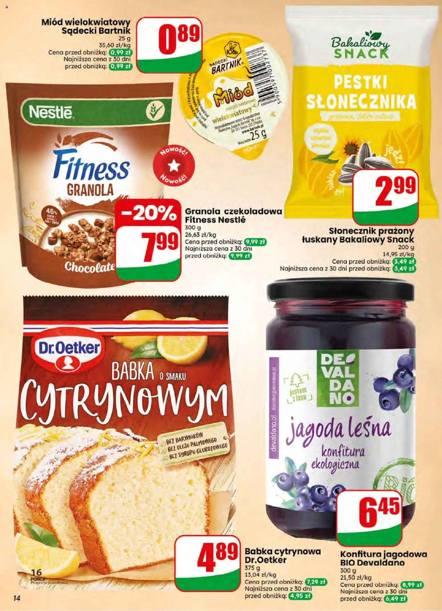 Dino gazetka od 08.07.2026 | Strona: 14 | Produkty: Miód, Granola, Słonecznik, Babka