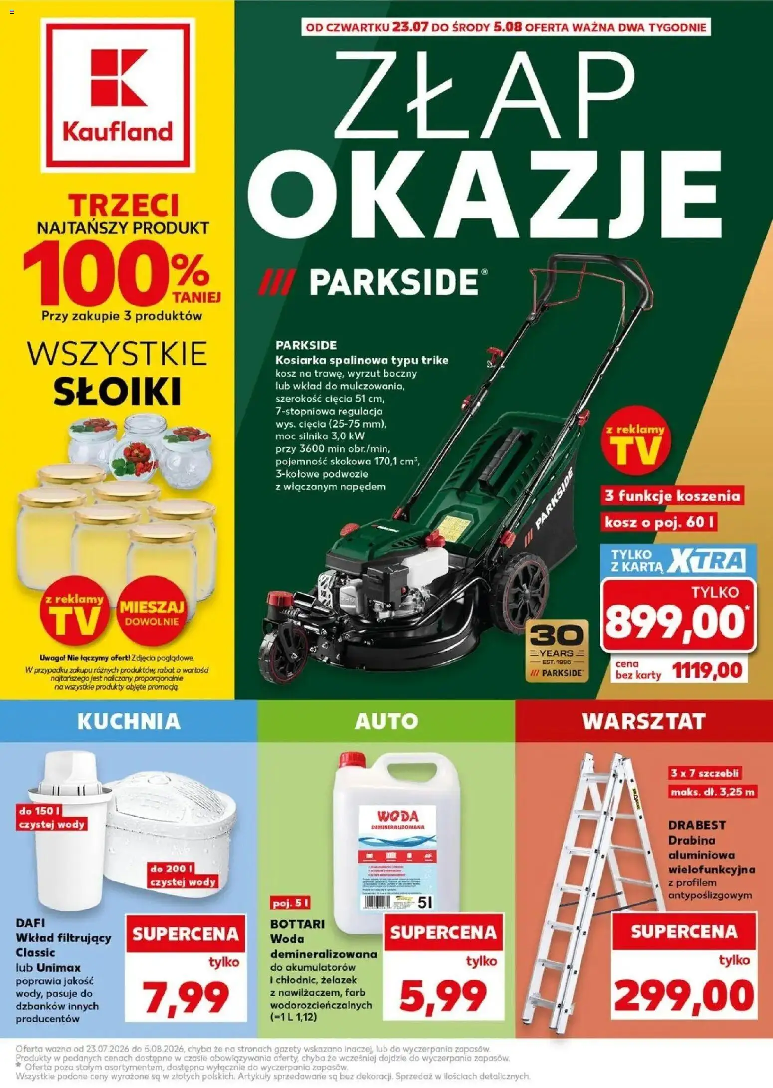 Kaufland gazetka - Złap Okazje od 23.07.2026 | Strona: 1 | Produkty: Karta, Kosiarka spalinowa, Drabina aluminiowa, Woda
