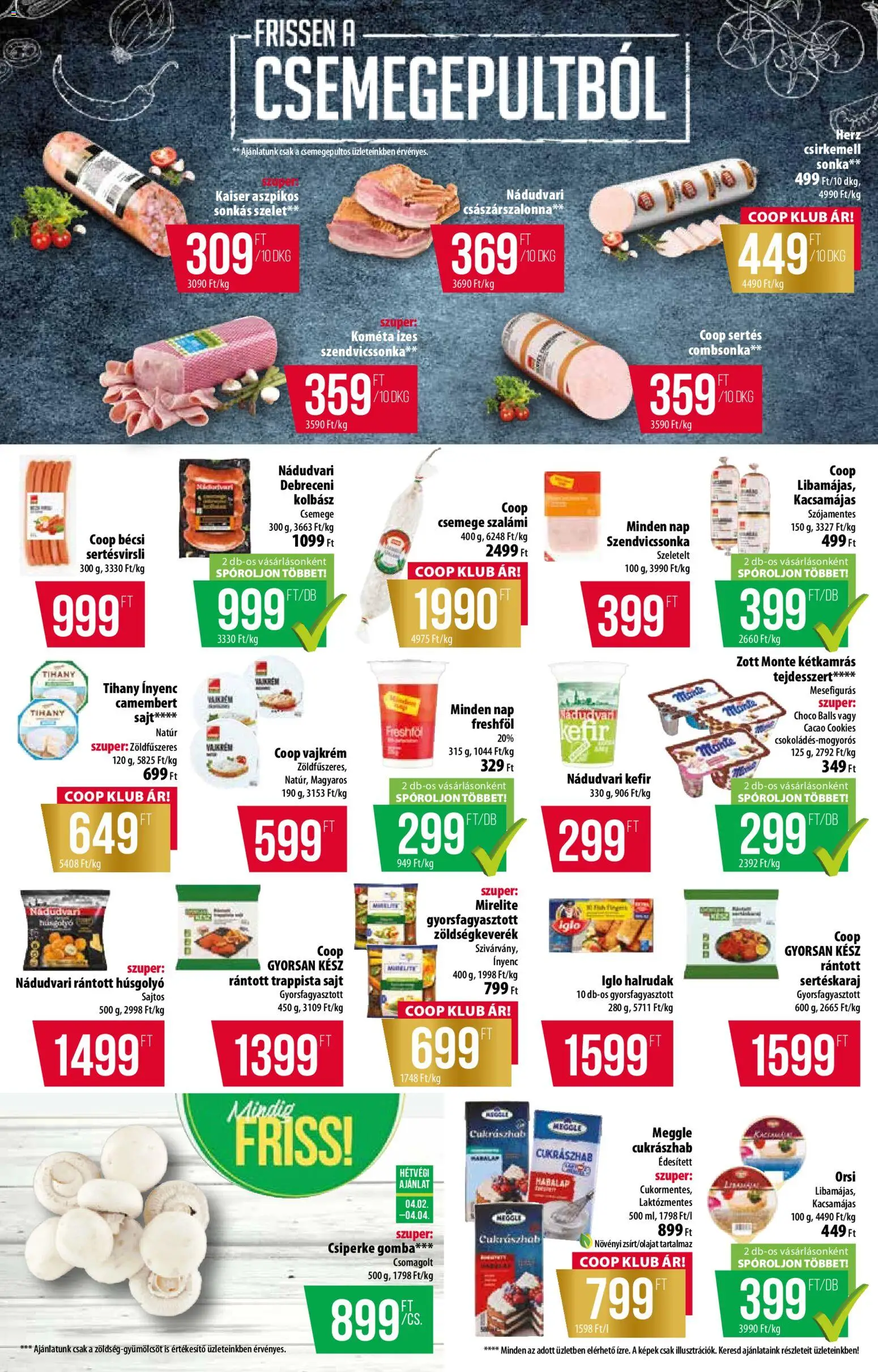 COOP akciós ujság - amely érvényes a következő dátumtól: 02.04.2026 | Oldal: 2 | Termékek: Debreceni, Szalámi, Camembert, Combsonka