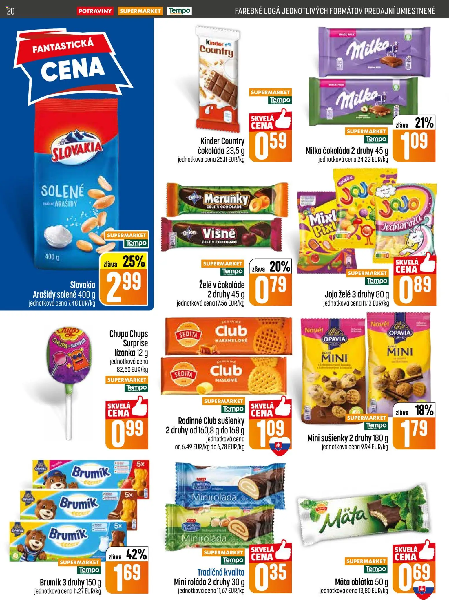 Nové COOP Jednota akcie – leták je platný od 14.05.2026 | Strana: 20 | Produkty: Kinder, Milka, Arašidy, Višne