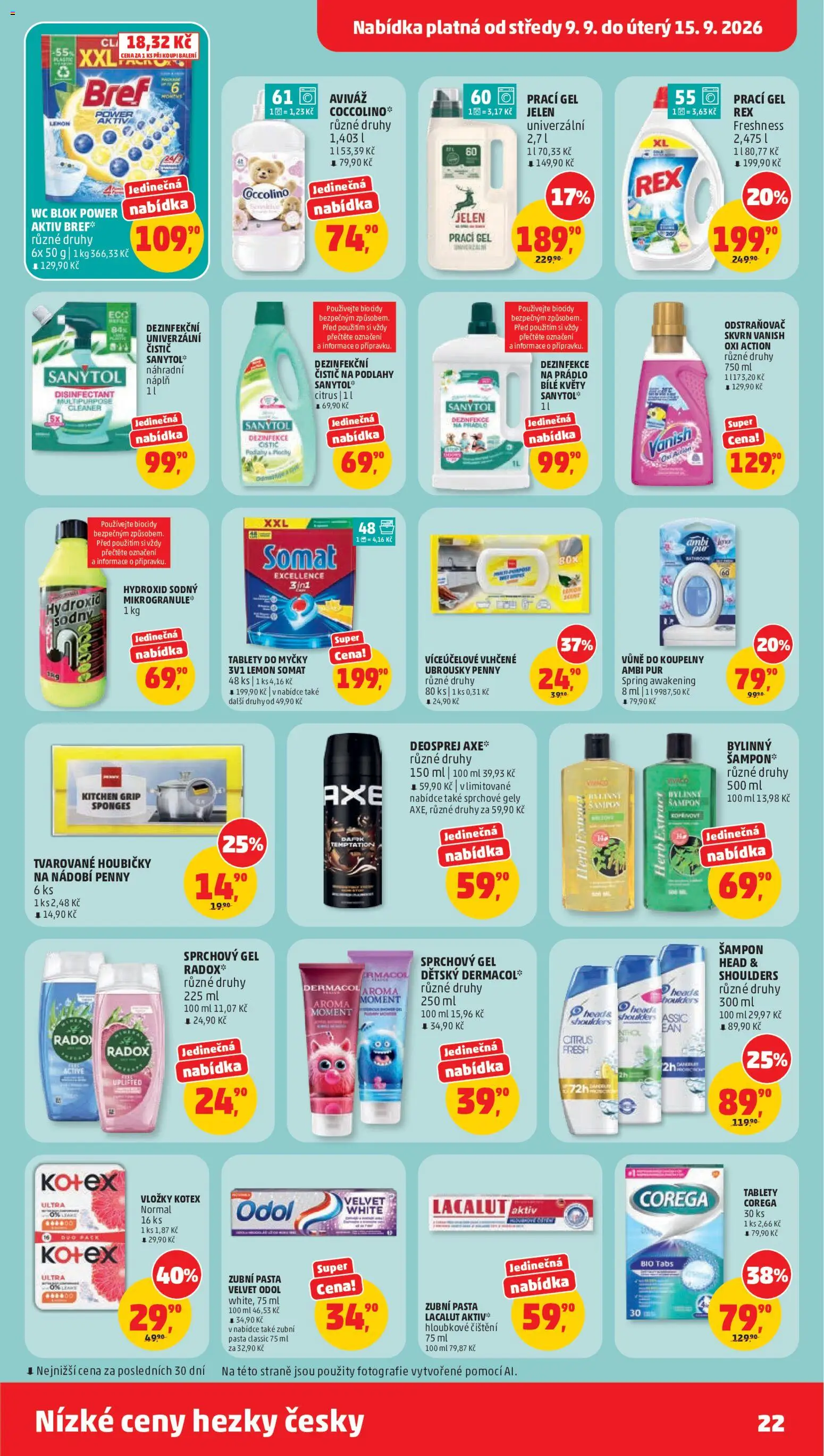 Penny Market leták od 09.09.2026 | Strana: 22 | Produkty: Sprchový gel, Zubní pasta, Prací gel, Hydroxid sodný
