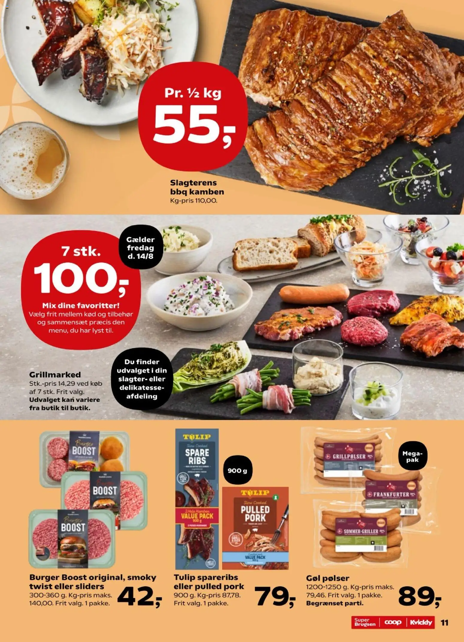 Kvickly tilbudsavis – gyldig fra 14/08/2026 | Side: 13 | Produkter: Pølser, Ribs, Spareribs, Grillpølser