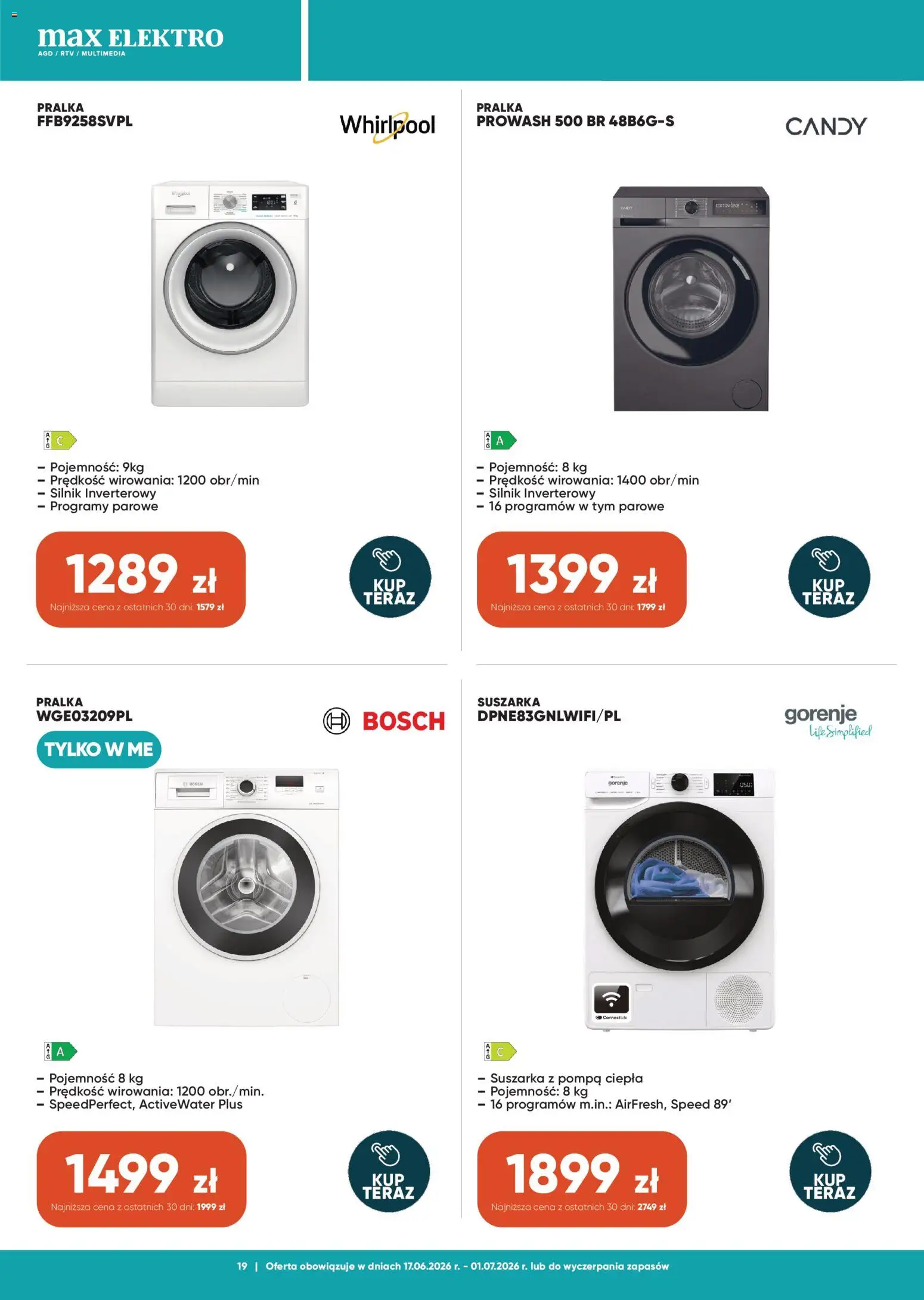 Max elektro gazetka od 17.06.2026 | Strona: 19 | Produkty: Pralka, Suszarka
