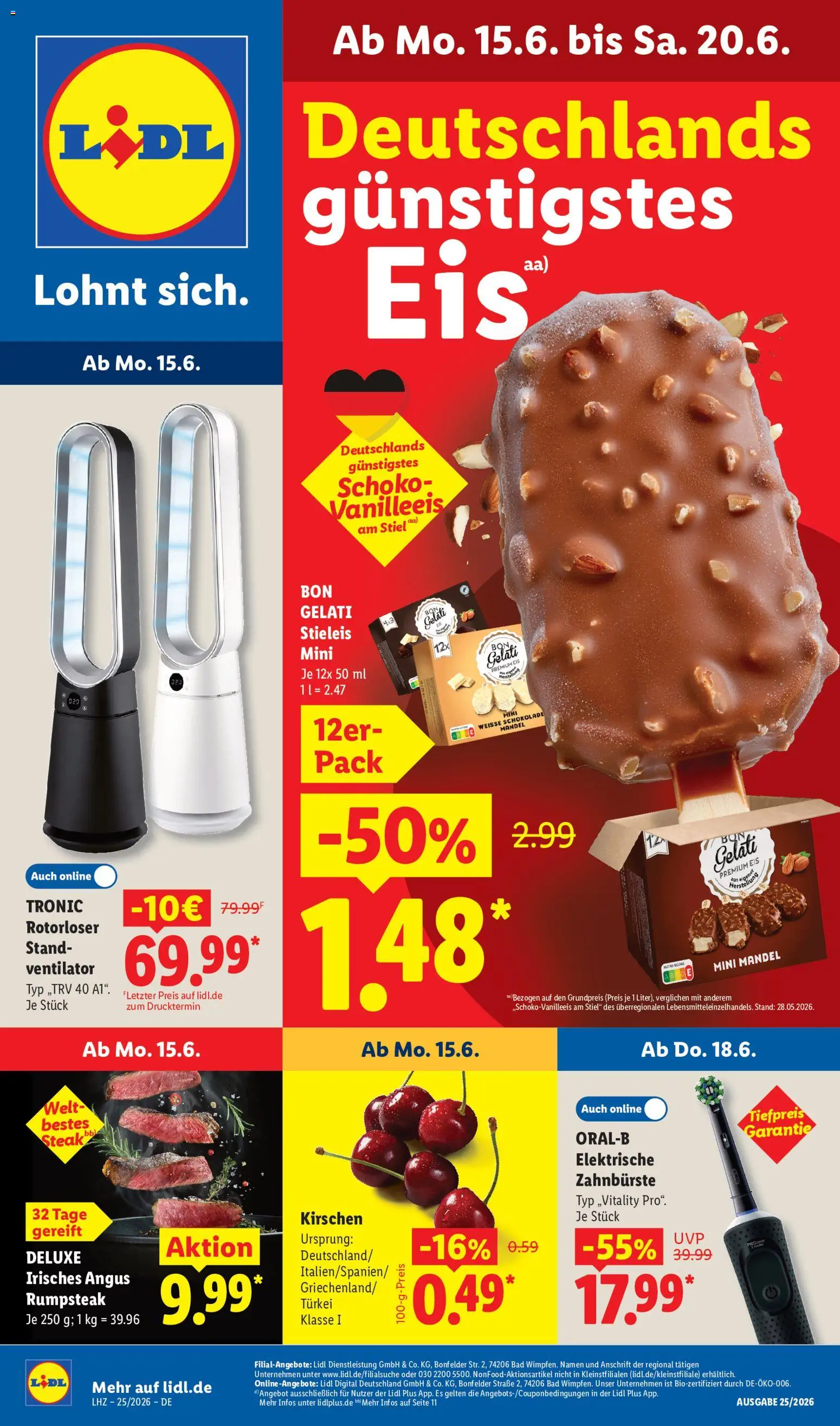 Lidl Prospekt – gültig ab 15.06.2026 | Seite: 1 | Produkte: Ventilator, Bad, Kirschen, Steak