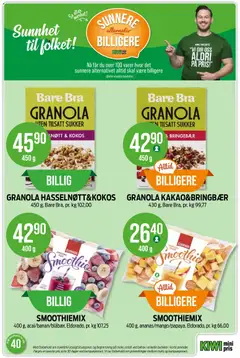Forhåndsvisning av GRANOLA KAKAO & BRINGEBÆR, 430 g, Bare Bra, uten tilsatt sukker gyldig fra 28/09/2026 | Side: 7 | Produkter: Kiwi, Bringebær, Ved, Sukker