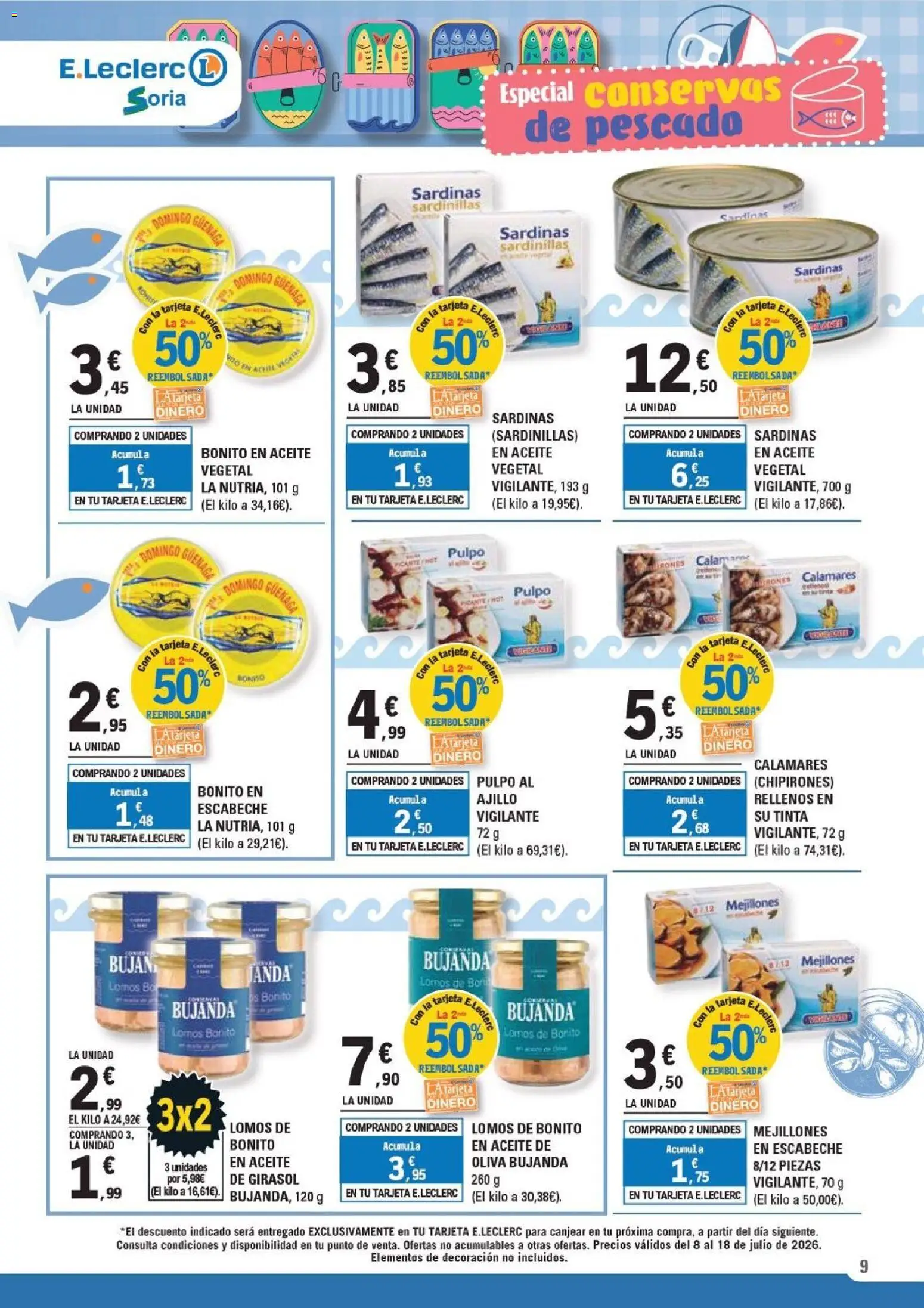 E.Leclerc folleto Soria │ válido desde el 08/07/2026 | Página: 9 | Productos: Calamares, Sardinillas, Aceite, Pescado