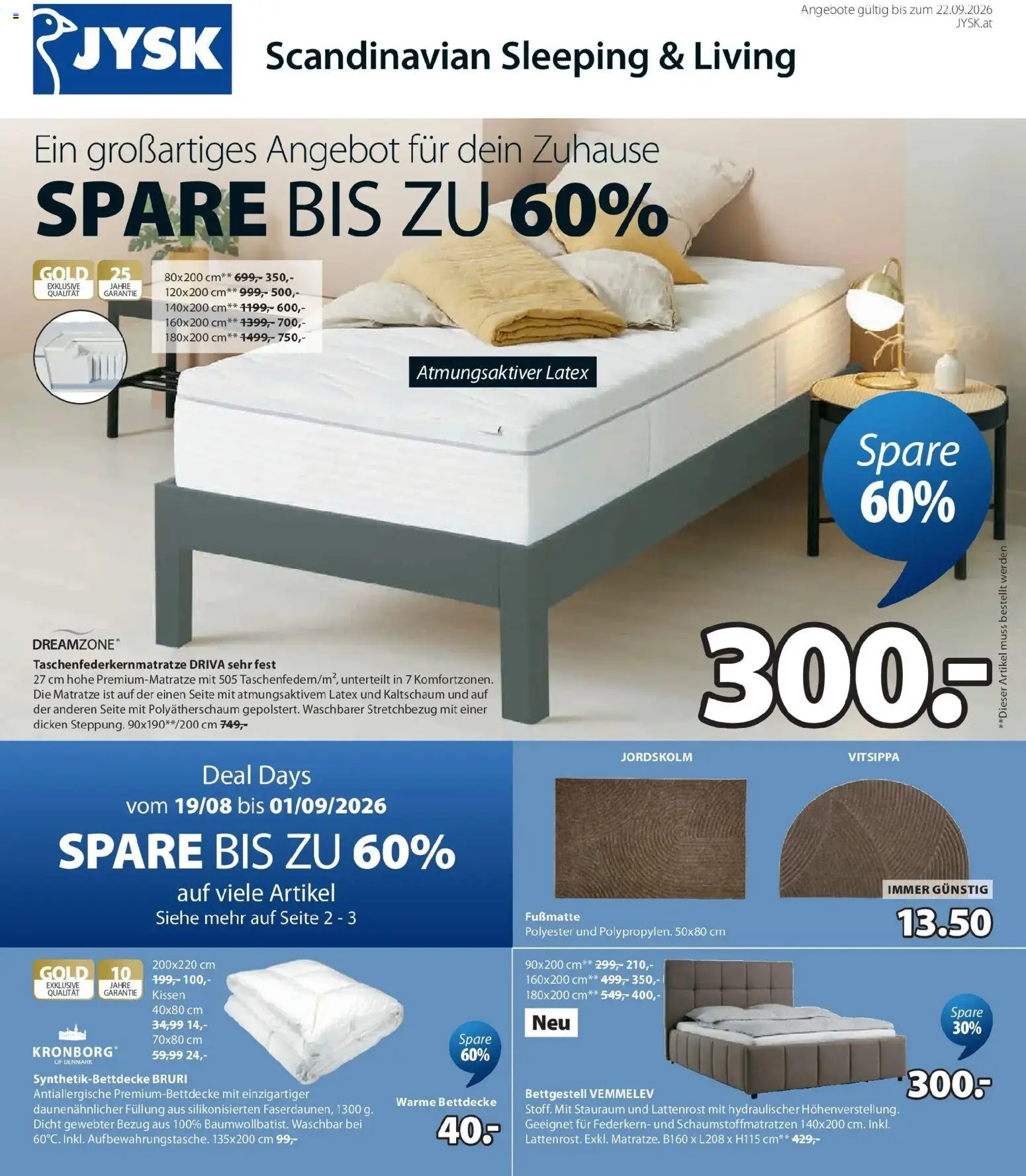 JYSK: Spare Bis Zu 60% von 19.08.2026 - Aktuelle Angebote | Seite: 1 | Produkte: Matratze, Kissen, Lattenrost