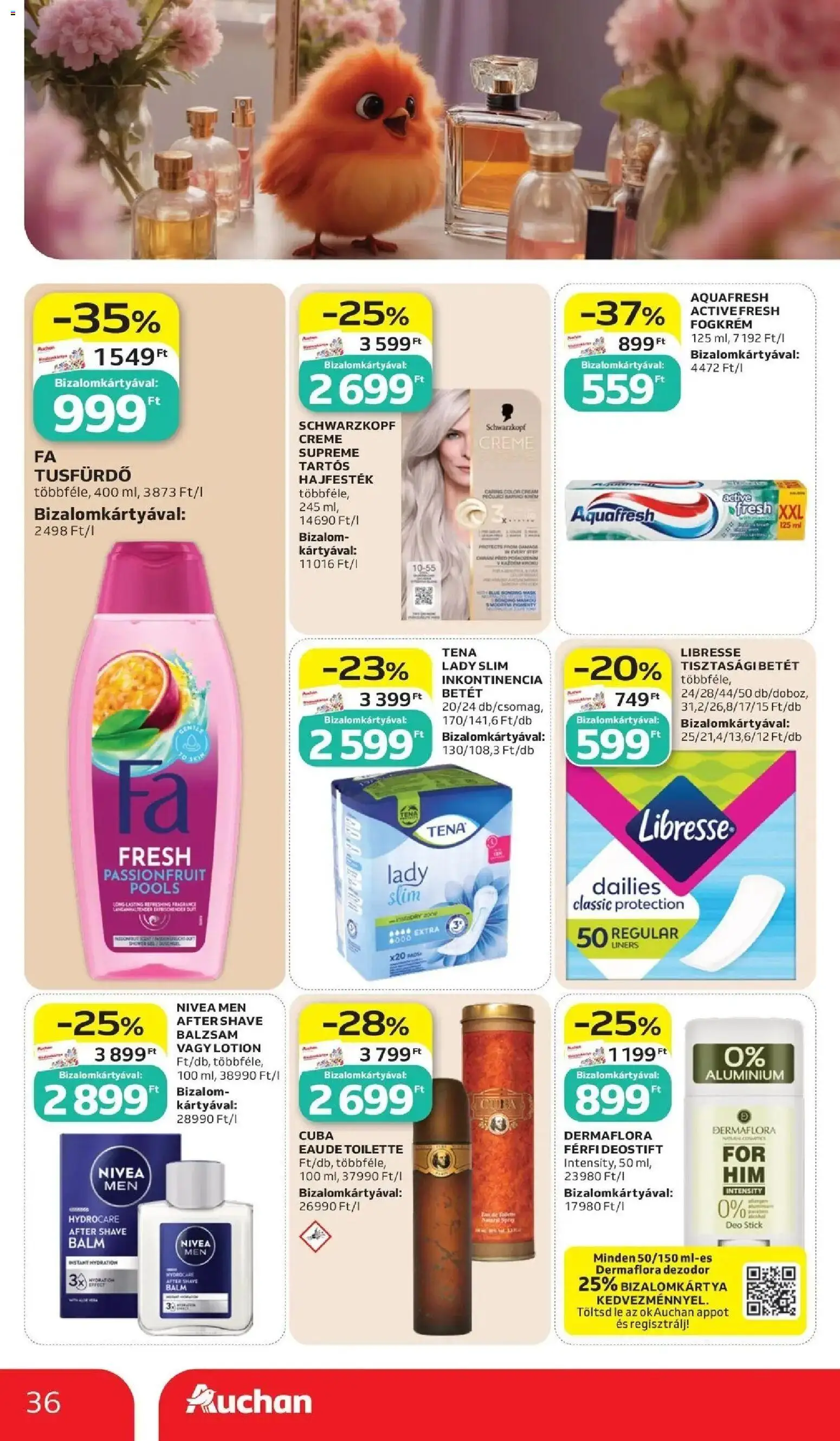 Auchan akciós ujság - amely érvényes a következő dátumtól: 11.06.2026 | Oldal: 36 | Termékek: Tisztasági betét, Hajfesték, Tusfürdő, Fogkrém