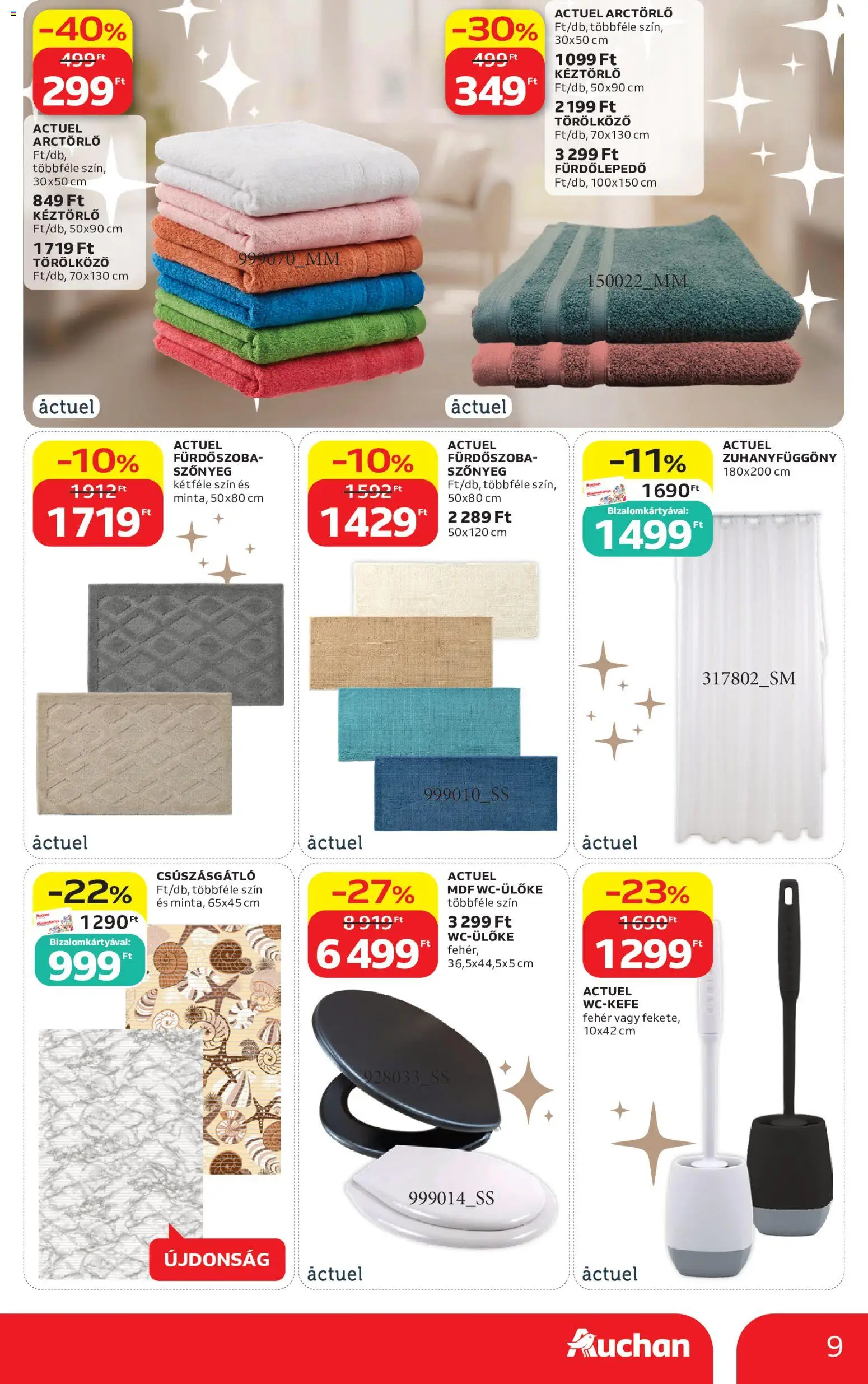 Auchan akciós ujság - amely érvényes a következő dátumtól: 04.06.2026 | Oldal: 9 | Termékek: Törölköző, Szőnyeg, Zuhanyfüggöny, Fürdőszoba