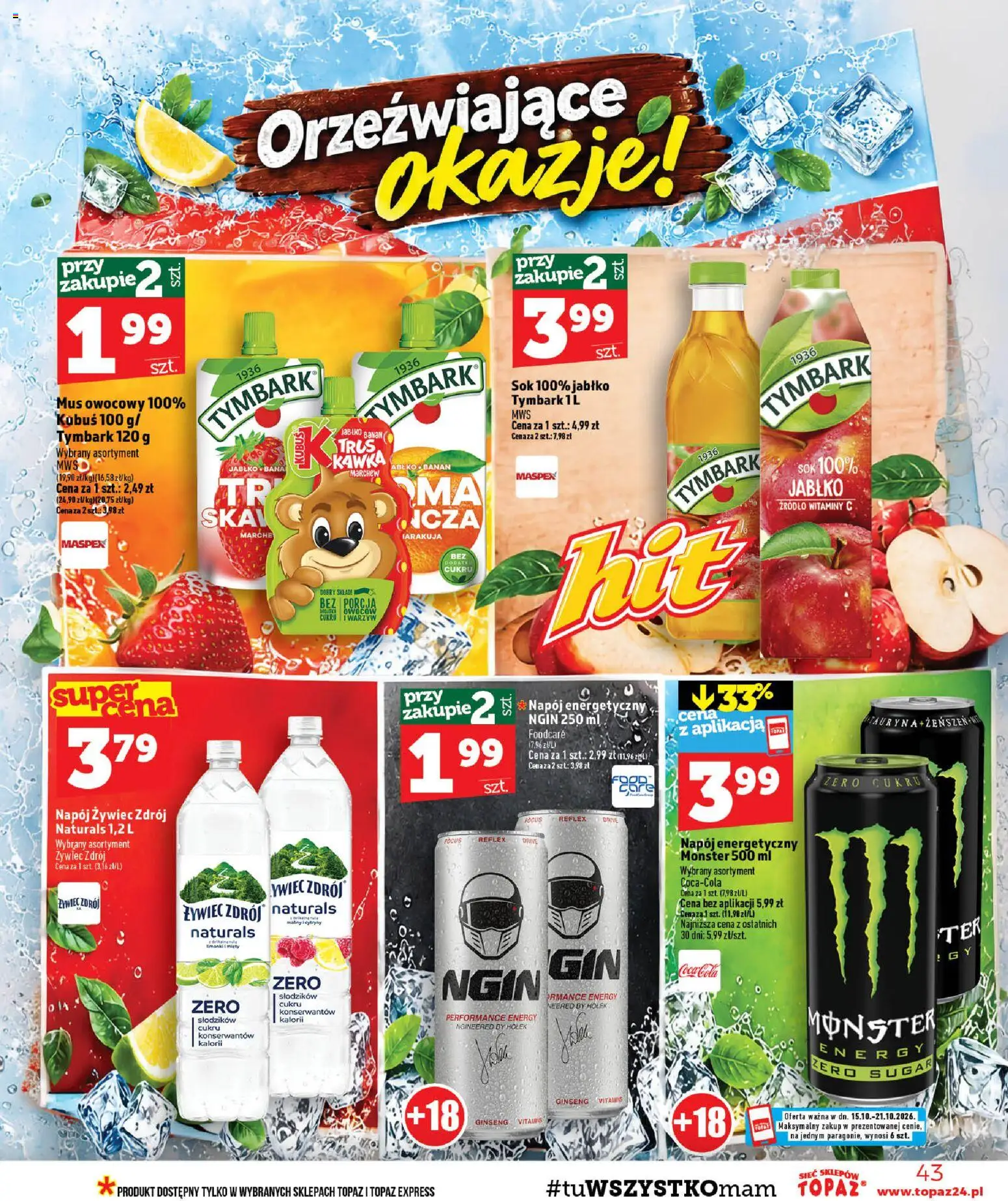 Topaz gazetka - MAZ od 15.10.2026 | Strona: 43 | Produkty: Tymbark, Napój energetyczny, Mus owocowy, Marchew