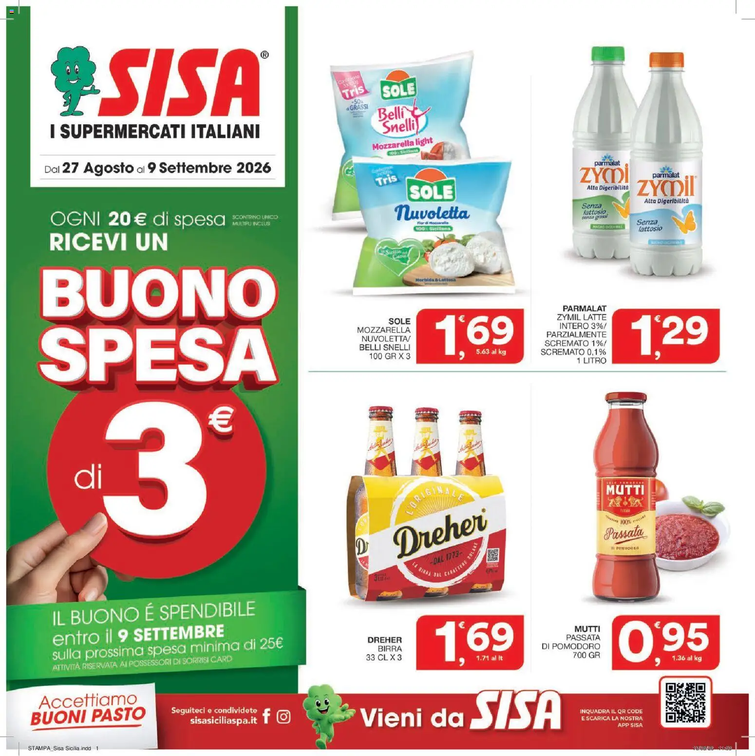 Volantino SISA del 27/08/2026 | Pagina: 1 | Prodotti: Birra, Mozzarella, Pomodoro, Passata di pomodoro