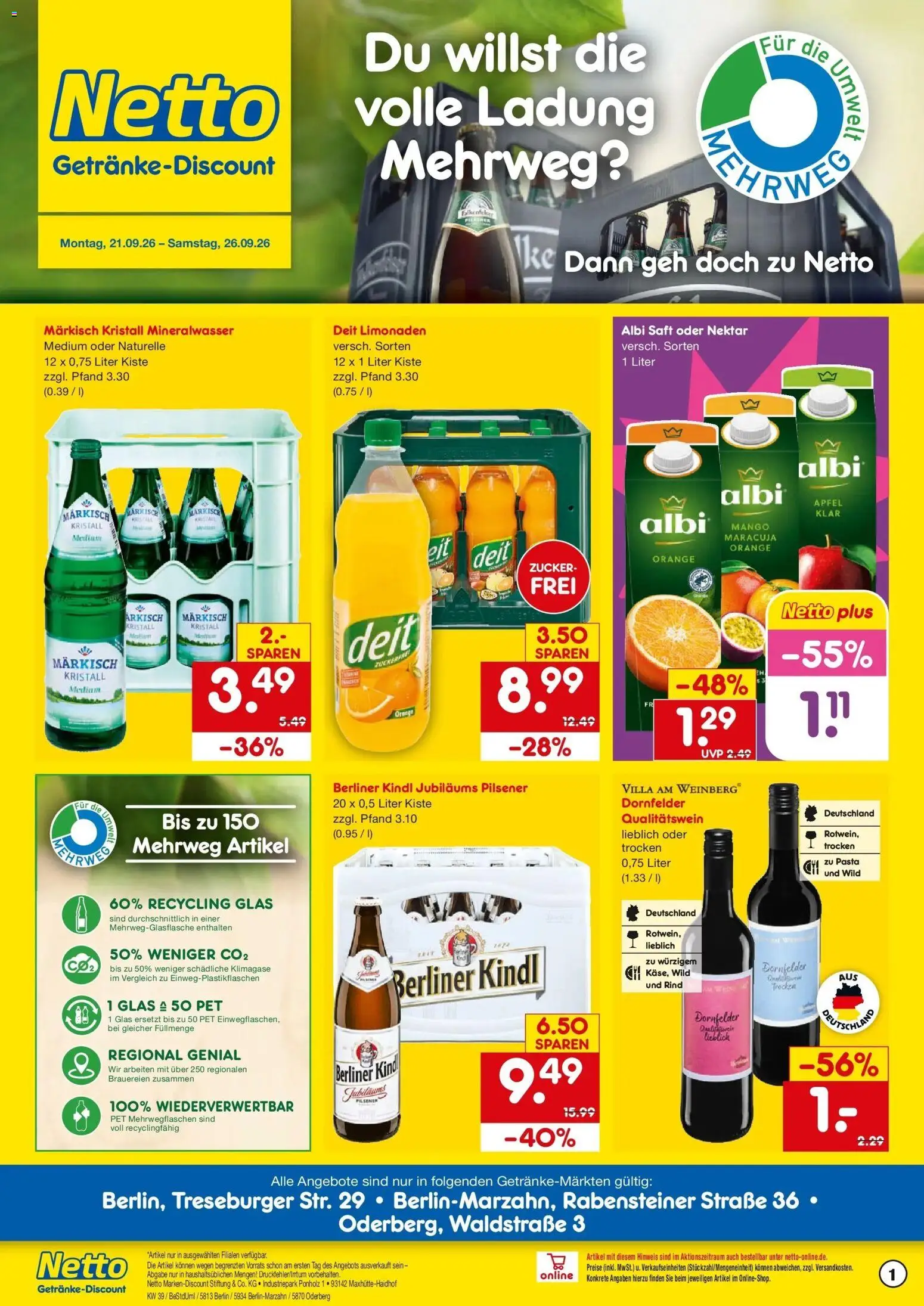 Netto Marken-Discount Prospekt Berlin – gültig ab 21.09.2026 | Seite: 1 | Produkte: Berliner, Mineralwasser, Mango, Saft