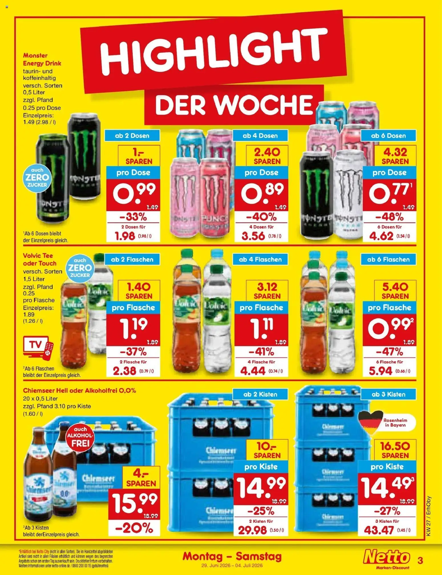 Netto Marken-Discount Prospekt Velden – gültig ab 28.06.2026 | Seite: 3 | Produkte: Volvic tee, Monster, Zucker, Volvic