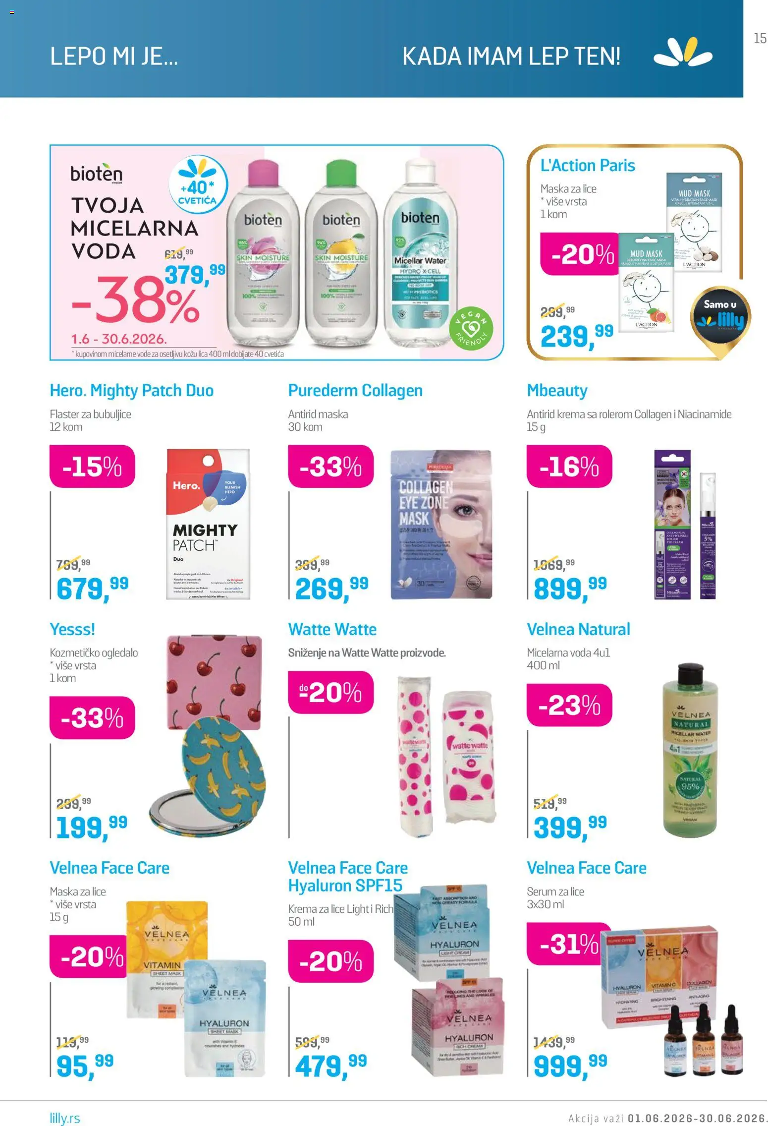 Lilly drogerie katalog - važi od 01.06.2026 | Strana: 15 | Proizvode: Ogledalo, Voda, Krema, Micelarna voda