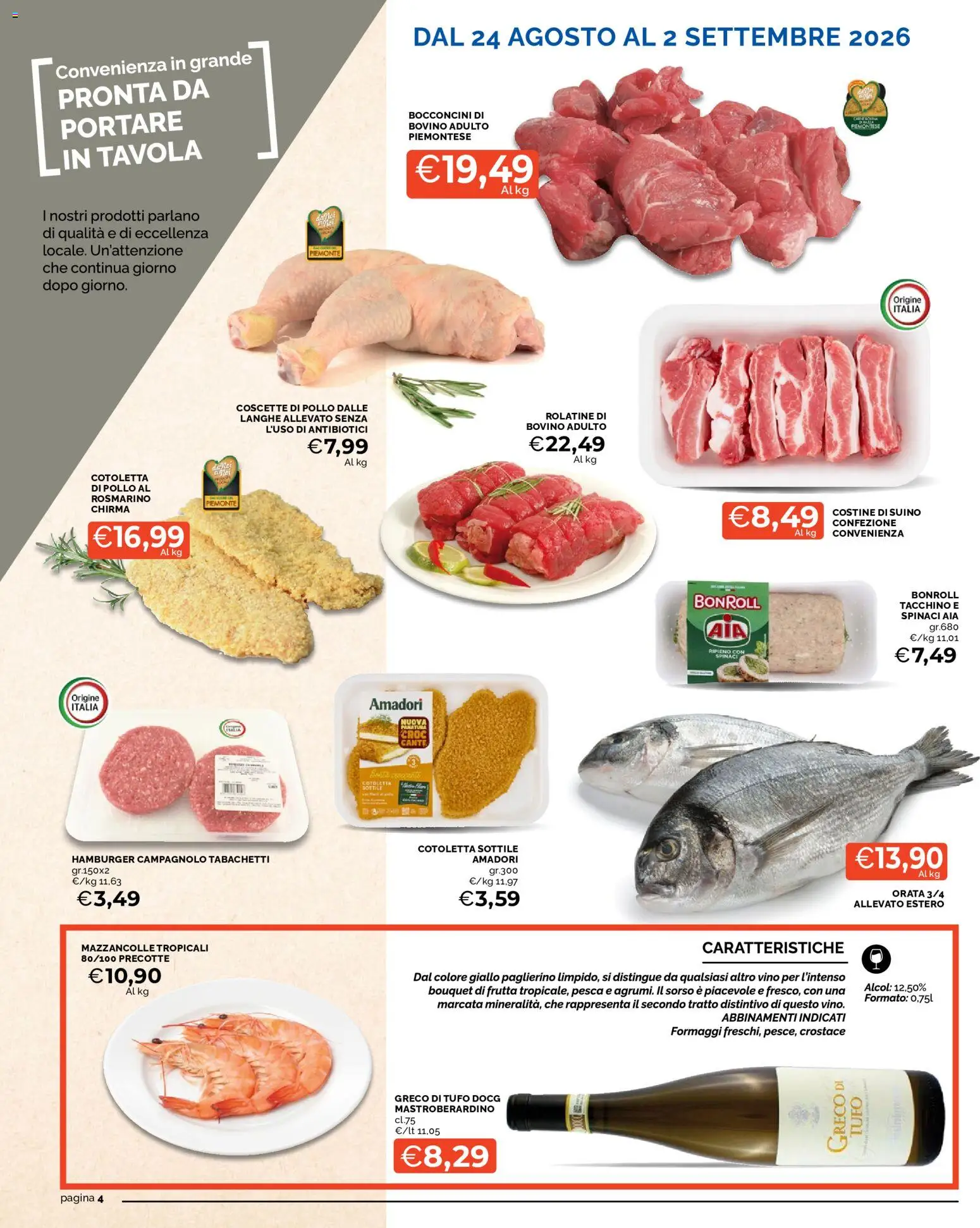 Volantino Mercatò del 24/08/2026 | Pagina: 4 | Prodotti: Rosmarino, Pesca, Spinaci, Hamburger