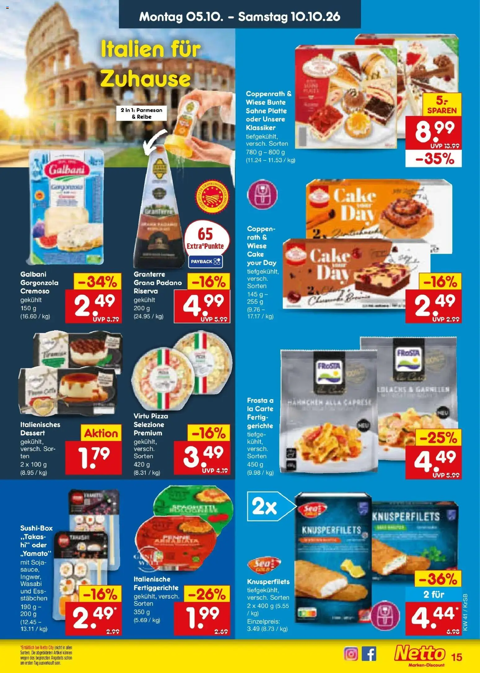 Netto Marken-Discount Prospekt Baesweiler (ab 05.10.2026) » Angebote | Seite: 15 | Produkte: Grana Padano, Frosta, Gerichte, Pizza