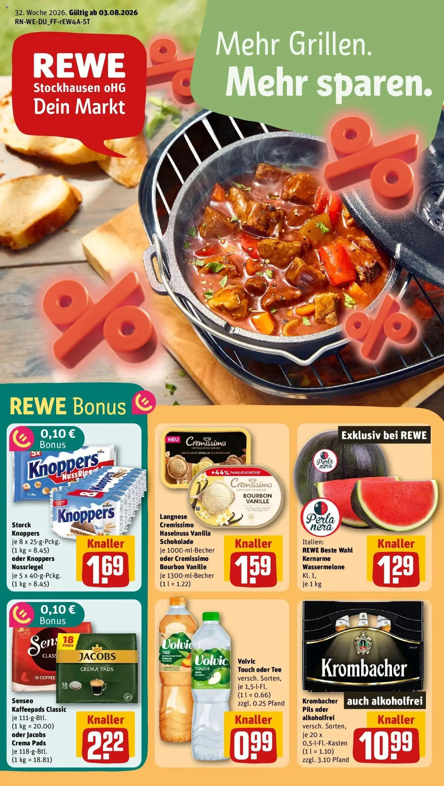 REWE Prospekt ab 03.08.2026 zum Blättern » Angebote | Seite: 1 | Produkte: Senseo, Langnese, Pils, Bourbon