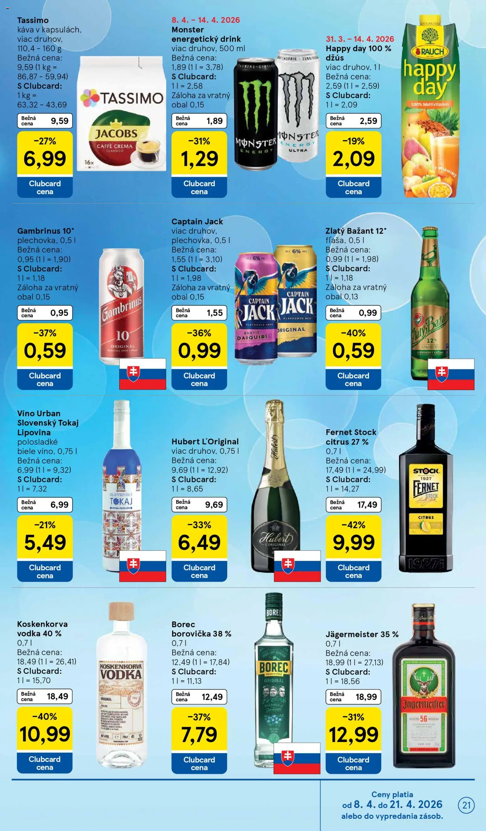 Nové Tesco akcie – leták je platný od 08.04.2026 | Strana: 21 | Produkty: Káva, Džús, Víno, Borovička