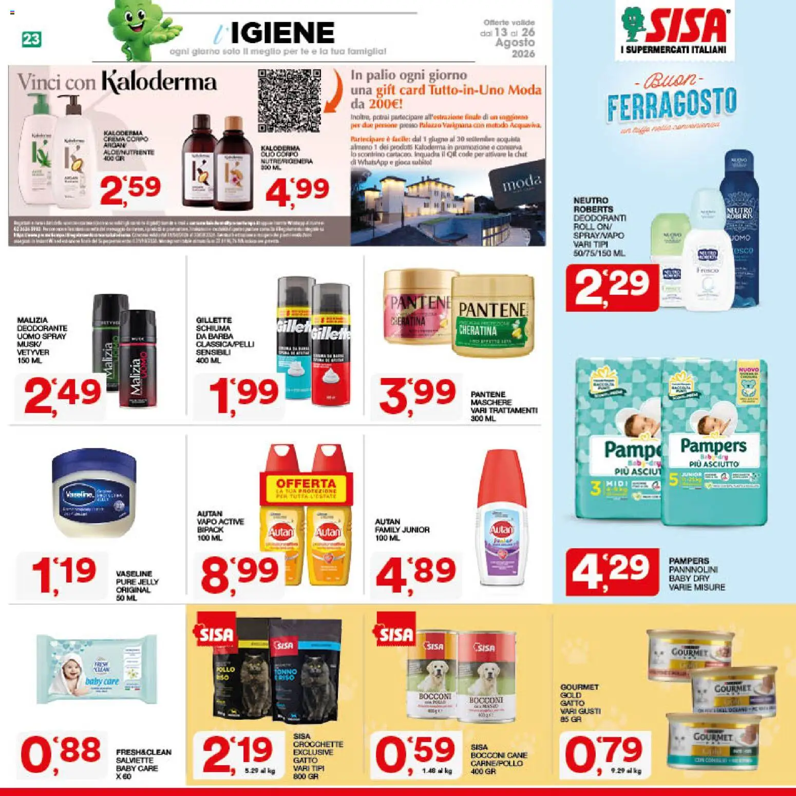 Volantino SISA del 13/08/2026 | Pagina: 23 | Prodotti: Crema, Crocchette, Pampers, Carne