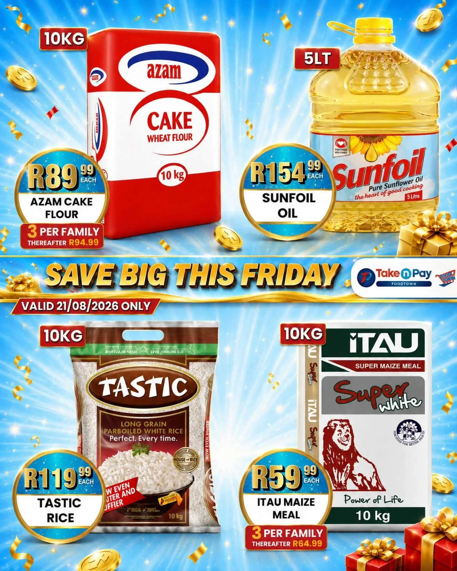 New Take n Pay catalogue – valid from 21/08/2026 | Page: 5 | Products: Cake, Flour, Maize meal, Rice