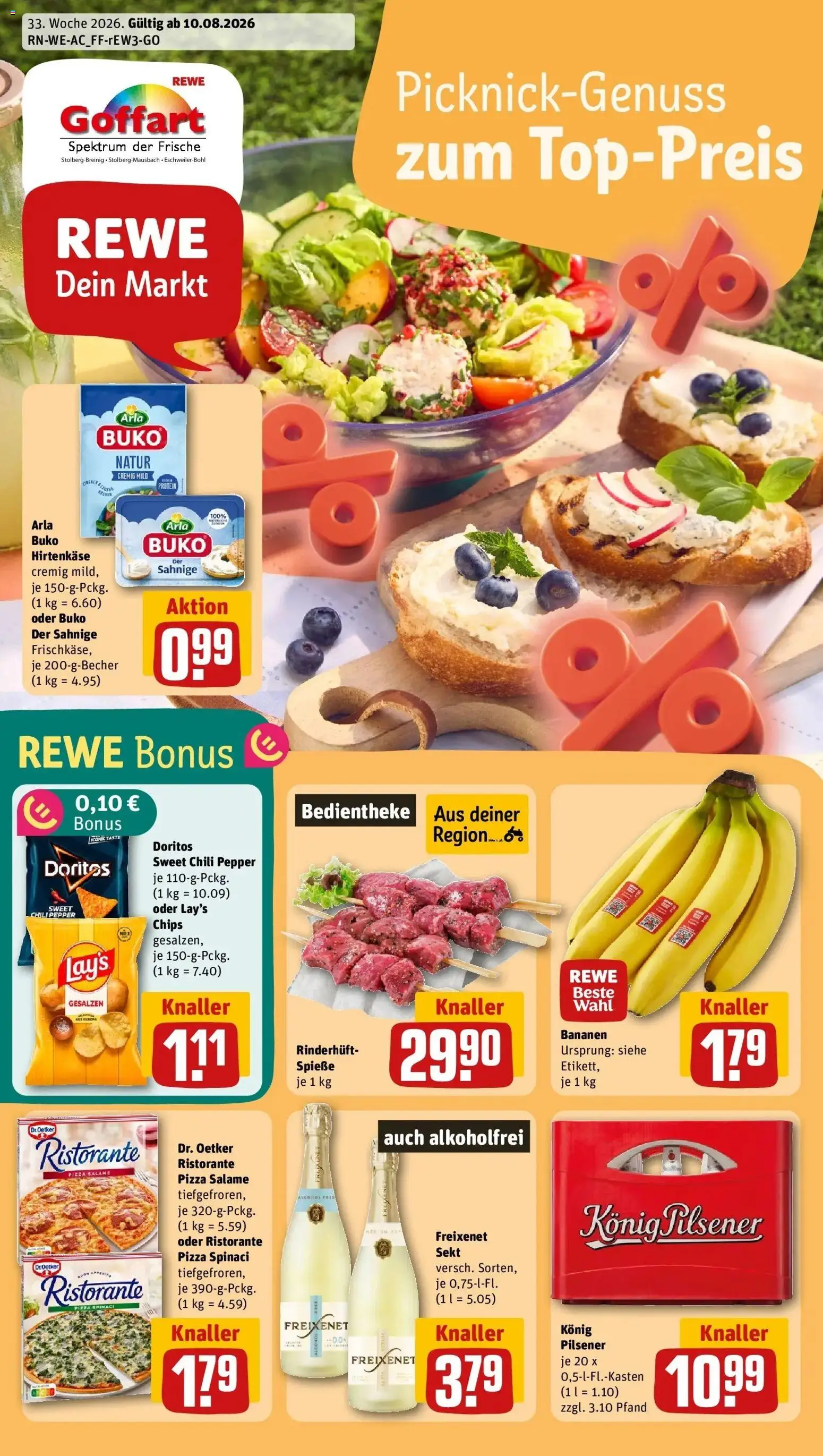 REWE Prospekt ab 10.08.2026 zum Blättern » Angebote | Seite: 1 | Produkte: Ristorante, Arla buko, Chili, Pizza