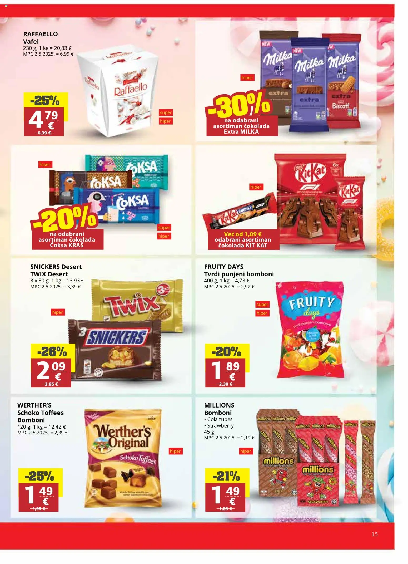 Ribola katalog | vrijedi od 20.05.2026 | Stranica: 15 | Proizvodi: Snickers, Bomboni, Milka, Raffaello