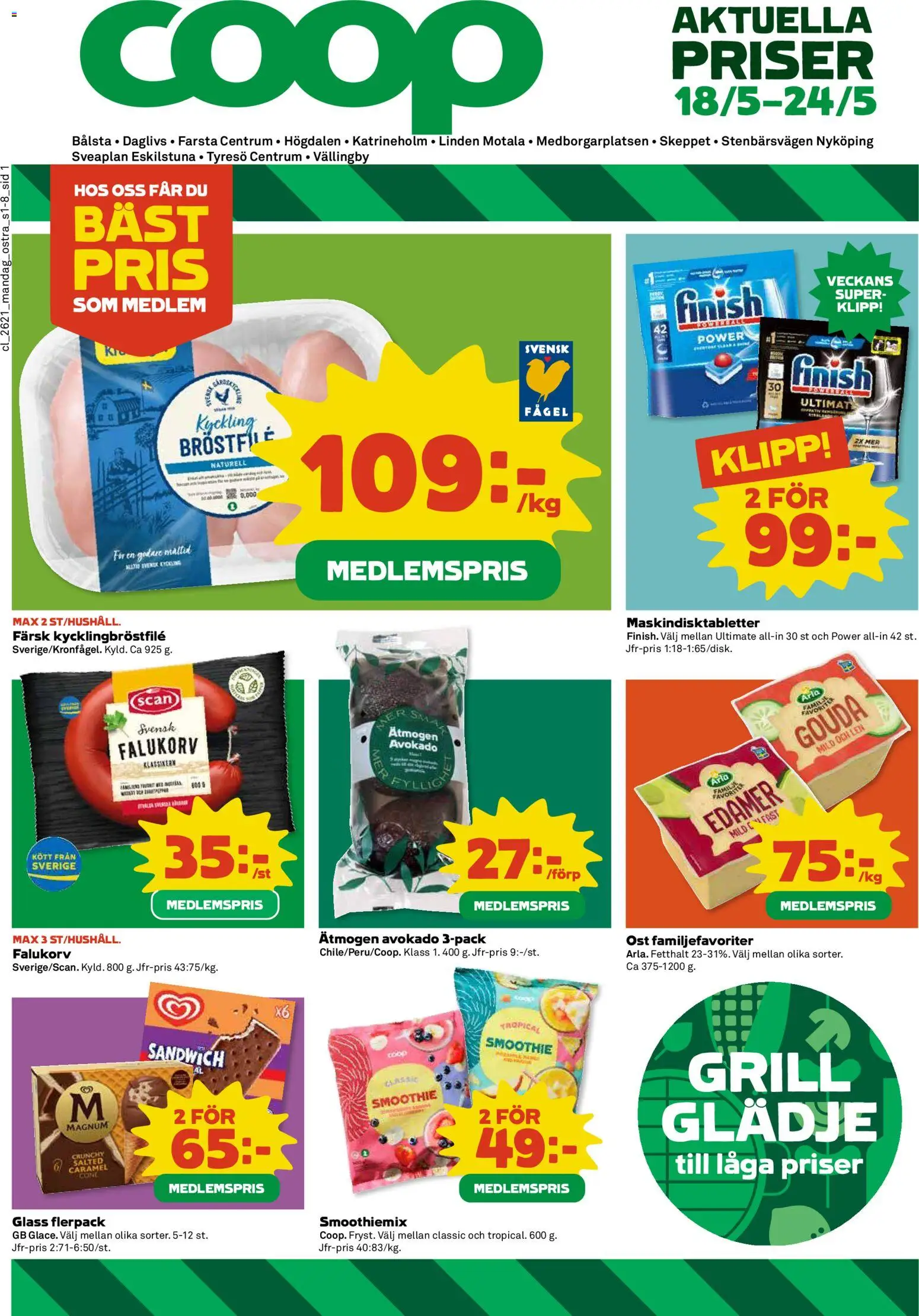 Coop Daglivs reklamblad aktuell från 18.05.2026 | Sida: 1 | Produkter: Grill, Falukorv, Ost, Glass