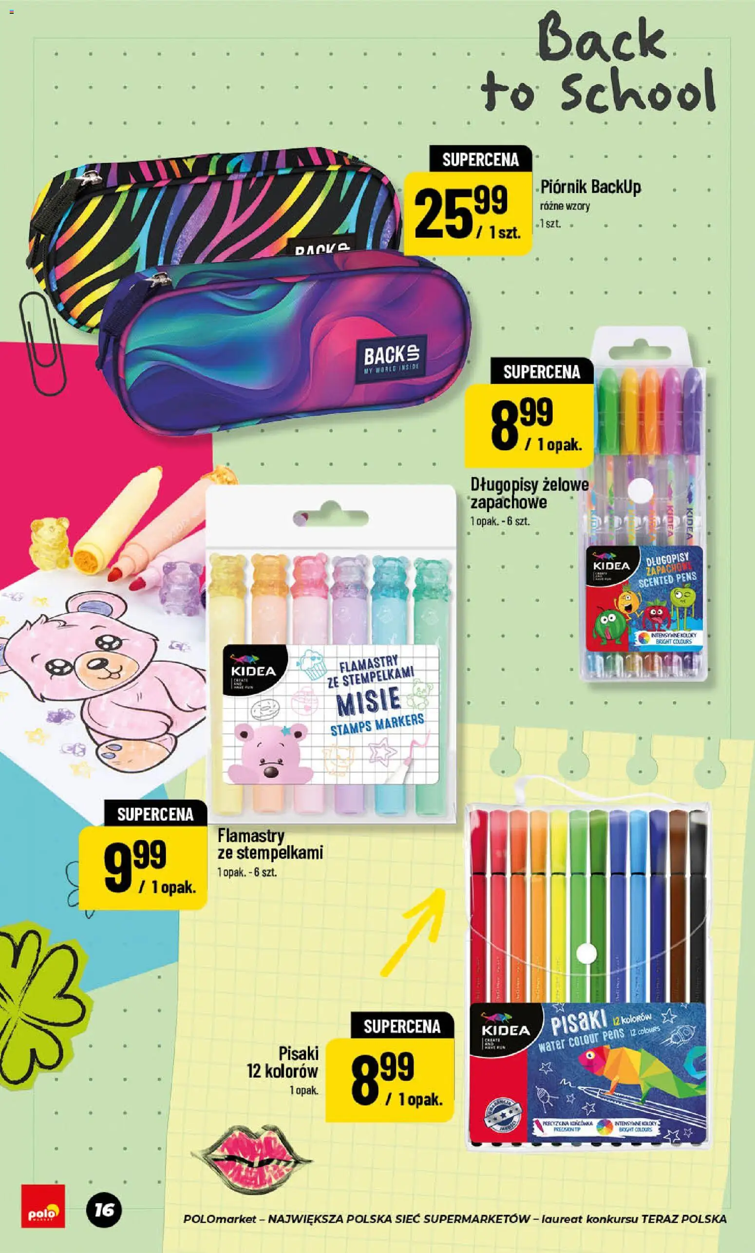 Nowa POLOmarket gazetka od jutra 24.07.2026 | Strona: 16 | Produkty: Pisaki, Flamastry, Piórnik, Długopisy