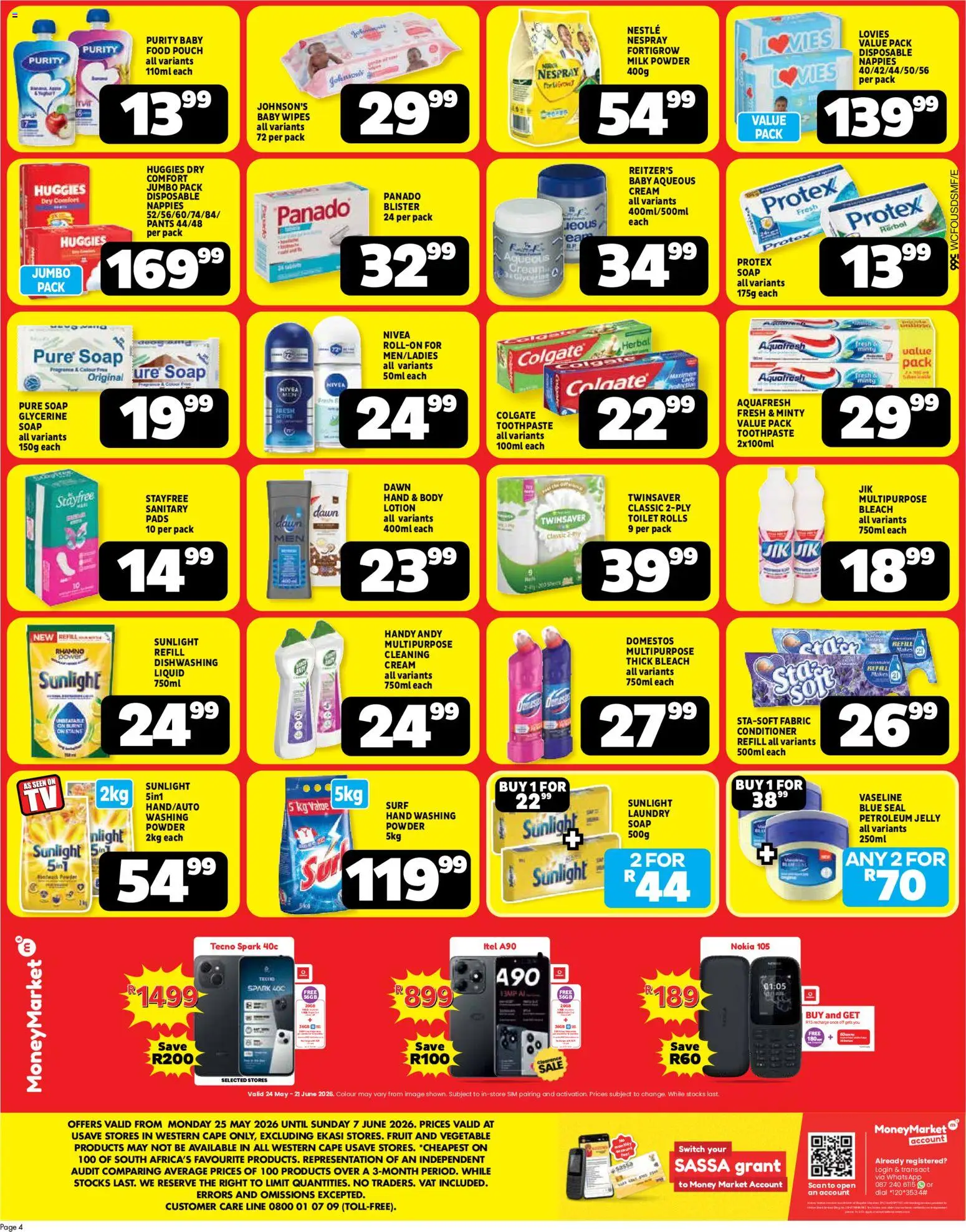 New Usave catalogue – valid from 25.05.2026 | Page: 4 | Products: Pads, Conditioner, Toothpaste, Nappies