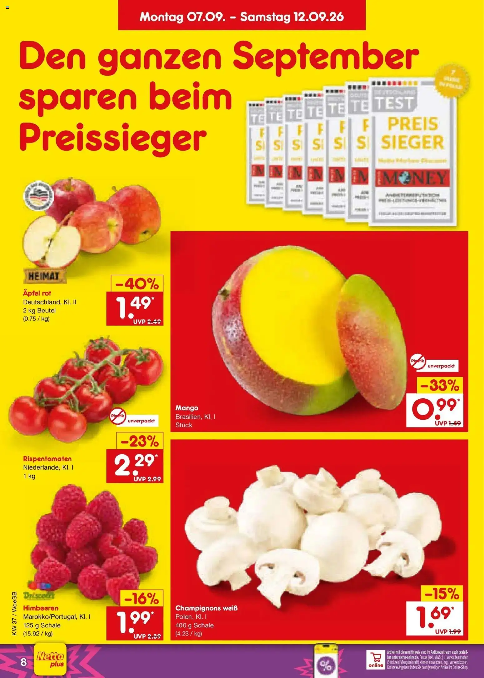 Netto Marken-Discount Prospekt Gemmingen – gültig ab 07.09.2026 | Seite: 14 | Produkte: Himbeeren, Äpfel, Champignons, Mango
