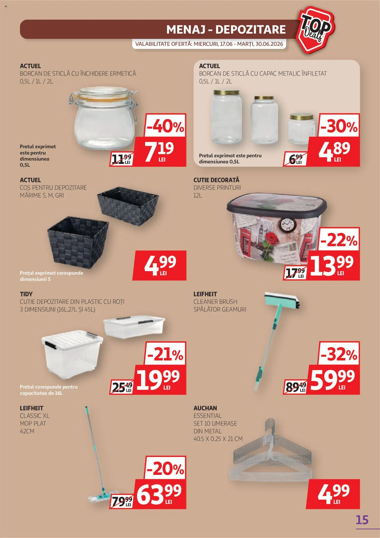 Noul catalog Auchan – valabil de la 17.06.2026 | Pagină: 15 | Produse: Mop, Coș, Cutie, Borcan