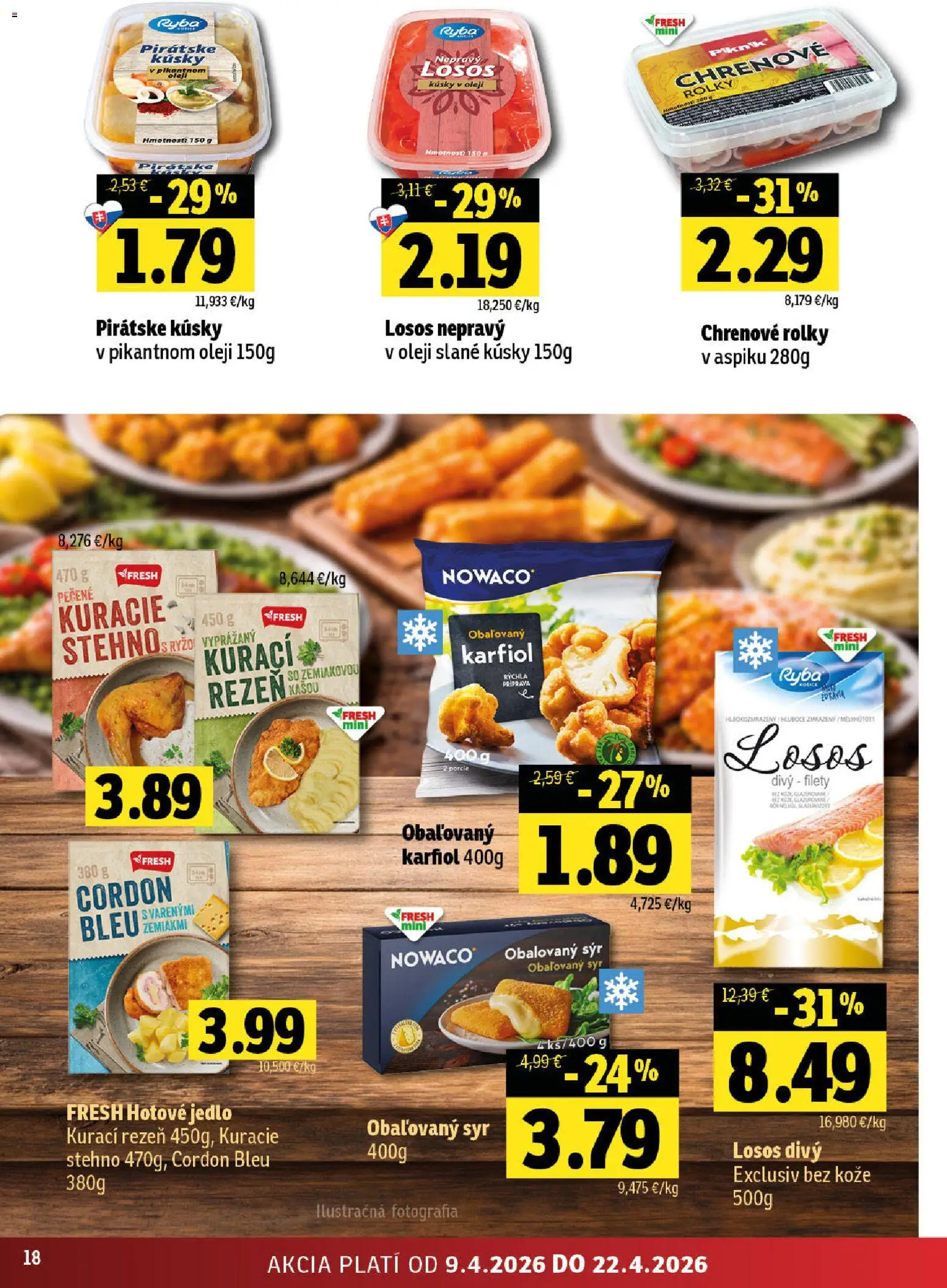 Nové Fresh akcie – leták je platný od 09.04.2026 | Strana: 18 | Produkty: Syr, Karfiol, Ryba, Losos