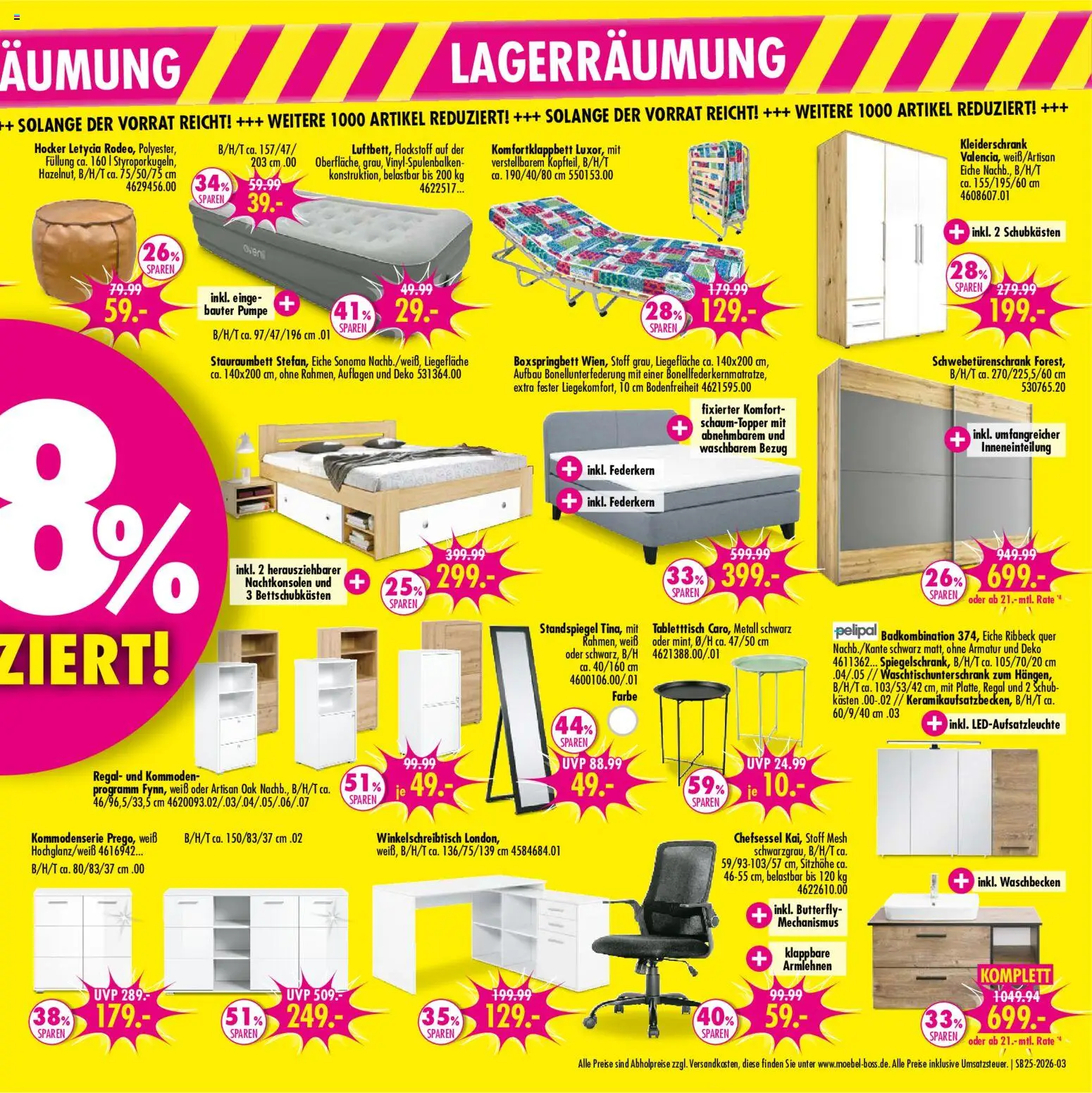 SB Möbel Boss Prospekt Mühlhausen – gültig ab 13.06.2026 | Seite: 3 | Produkte: Schwebetürenschrank, Boxspringbett, Standspiegel, Waschbecken