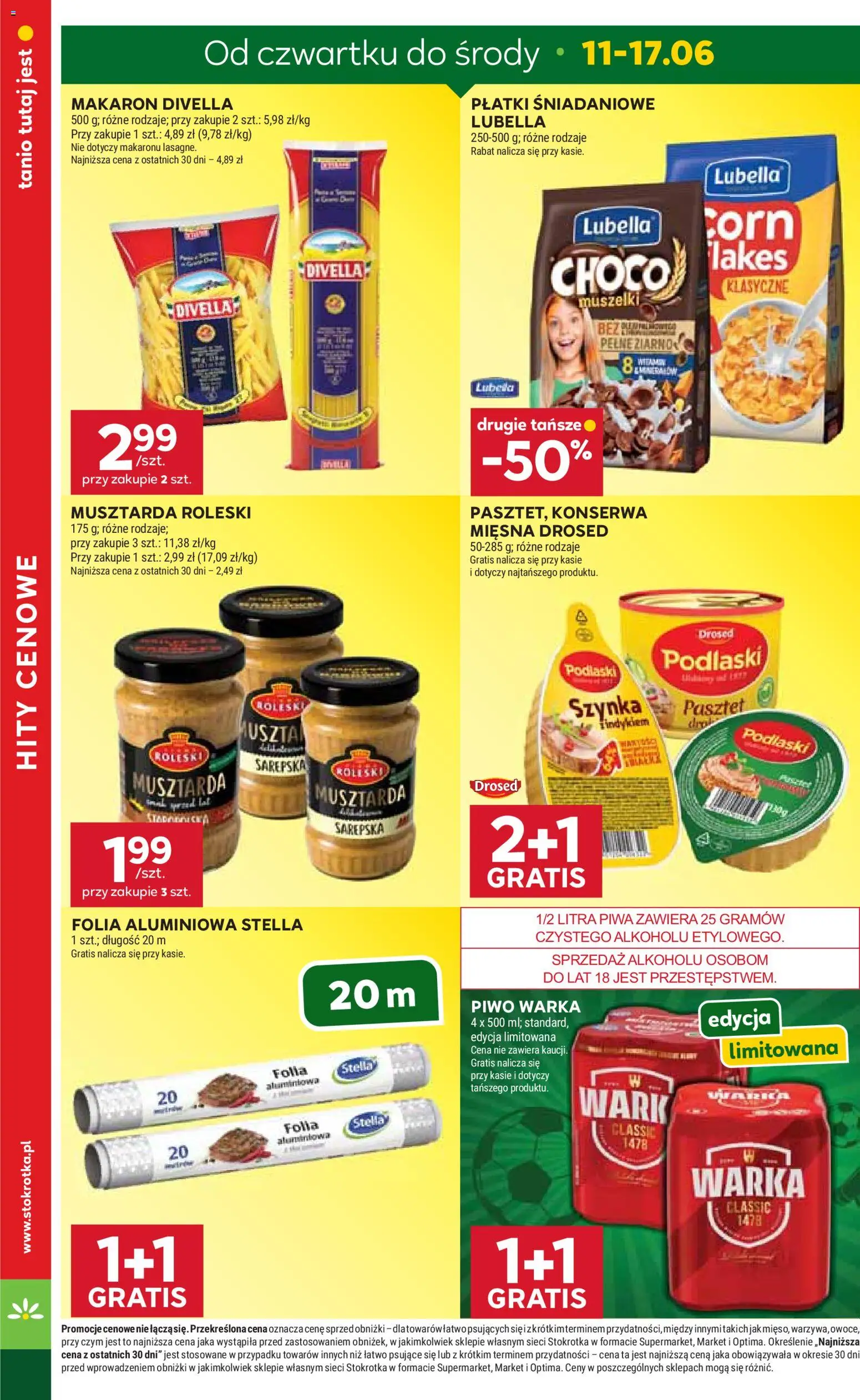 Stokrotka gazetka od 11.06.2026 | Strona: 4 | Produkty: Płatki śniadaniowe, Szynka, Piwo, Makaron