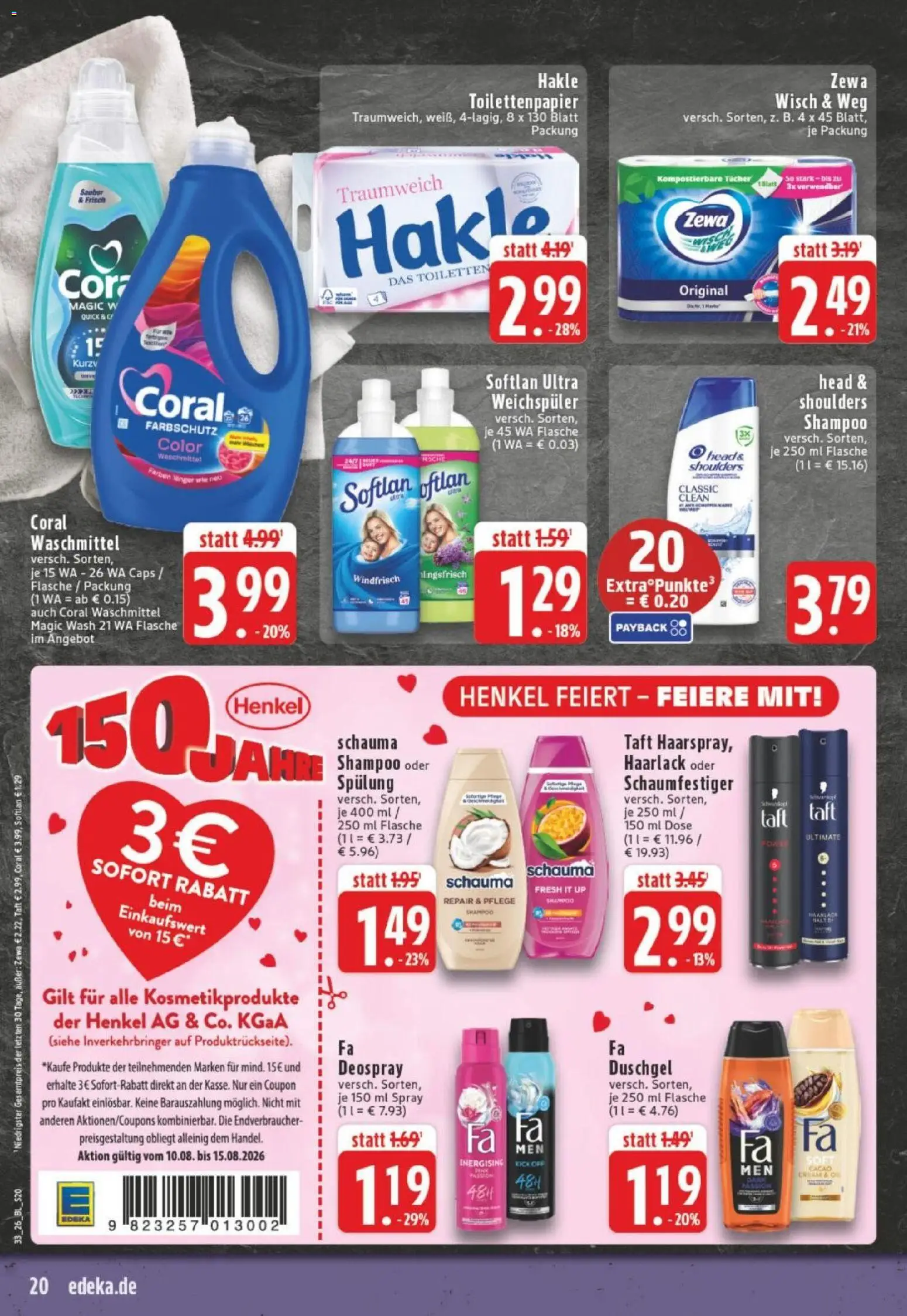 Edeka Prospekt Dortmund – gültig ab 10.08.2026 | Seite: 20 | Produkte: Coral waschmittel, Zewa, Duschgel, Weichspüler